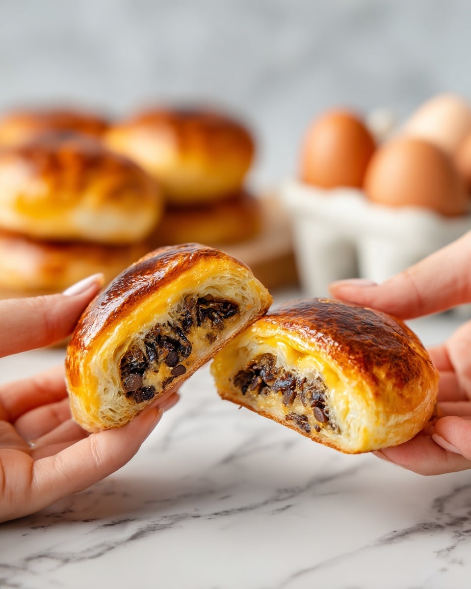 The image shows multiple pieces of a folded pancake-like dish filled with small dark chocolate chips. Each piece has two layers: a golden brown outside layer that looks soft and slightly shiny, and a middle layer filled with many tiny dark chocolate chips. The pieces are stacked neatly in the background, with two broken halves displayed clearly in the front, revealing the chocolate chip filling inside. There are scattered chocolate chips on the white marbled surface around the pieces, and a white bowl with eggs blurred in the background. Photo taken with an iphone --ar 4:5 --v 7