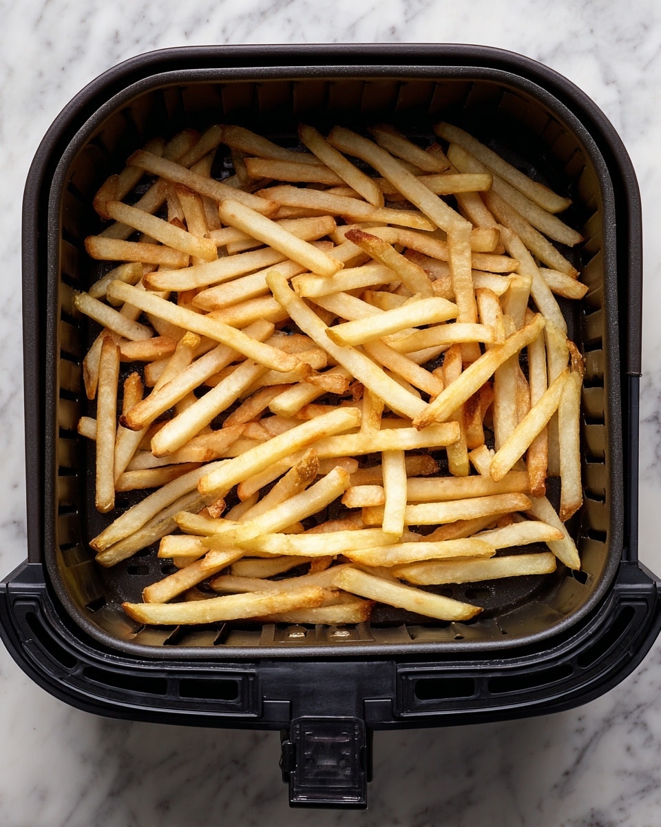 A black air fryer basket filled with a single layer of thin golden-yellow French fries, some with lighter creamy parts and others slightly darker and crispy at the edges, showing a mix of smooth and textured surfaces. The fries are spread unevenly but mostly cover the basket bottom, which has a grid pattern for air circulation. The background has a white marbled texture. Photo taken with an iphone --ar 4:5 --v 7