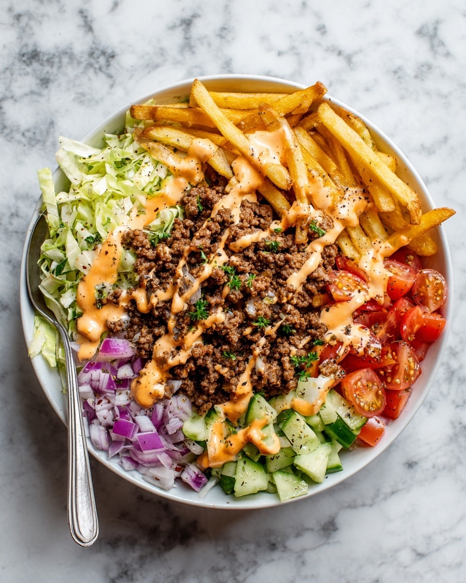 The dish is served in a white bowl filled with layers starting from a base of shredded green lettuce and small pieces of cooked ground meat. On top of this are golden brown fries, scattered unevenly across, mixed with chopped red onions, halved red and yellow cherry tomatoes, and small bits of pickles. Light drizzles of a creamy orange sauce cover parts of the salad, adding a smooth texture contrast. The overall look is colorful and fresh with a mix of crunchy and soft textures on a white marbled surface. photo taken with an iphone --ar 4:5 --v 7