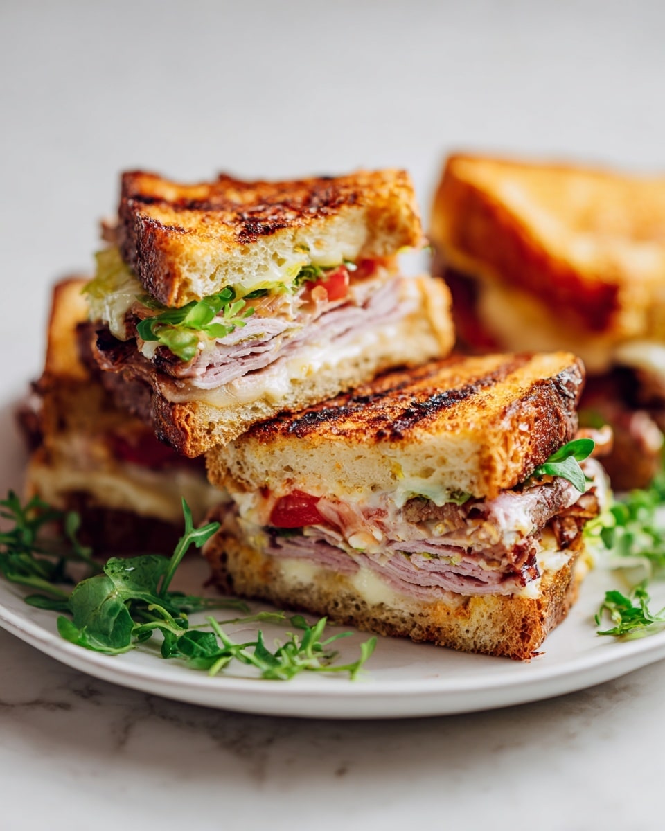 The image shows a white plate with three grilled sandwiches, one cut in half to show its inside layers. Each sandwich has two slices of golden-brown toasted bread with crispy texture and grill marks. Inside, there are layers of light purple cooked meat slices, bright green lettuce, creamy pale yellow cheese, and red tomato slices. Some sauce with a pale orange color spreads inside the sandwiches. Fresh green herb leaves decorate the plate beside the sandwiches. The dish is set on a white marbled surface with soft natural light. photo taken with an iphone --ar 4:5 --v 7