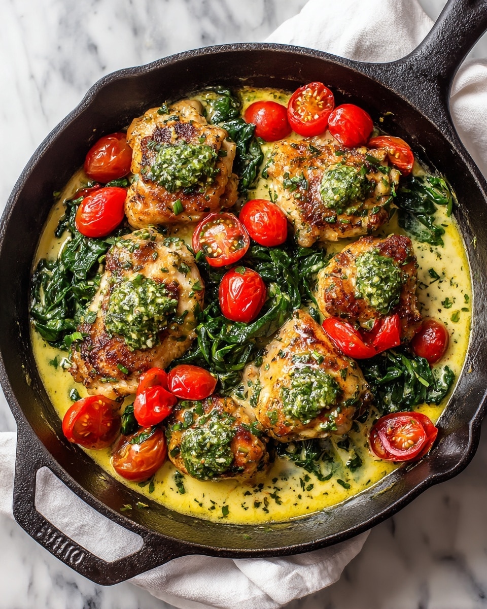 A white speckled shallow bowl holds three distinct layers: the bottom layer is a bed of fluffy white rice, the middle layer is a piece of cooked meat covered with dark green spinach, and the top layer consists of shiny roasted cherry tomatoes coated in a creamy brown sauce, all sprinkled lightly with chopped green herbs. To the top right, a black cast iron skillet contains more of the meat, spinach, and cherry tomato mixture in the same creamy brown sauce. The whole scene is set on a white marbled surface with a gray and white striped cloth partially visible in the top left corner. photo taken with an iphone --ar 4:5 --v 7