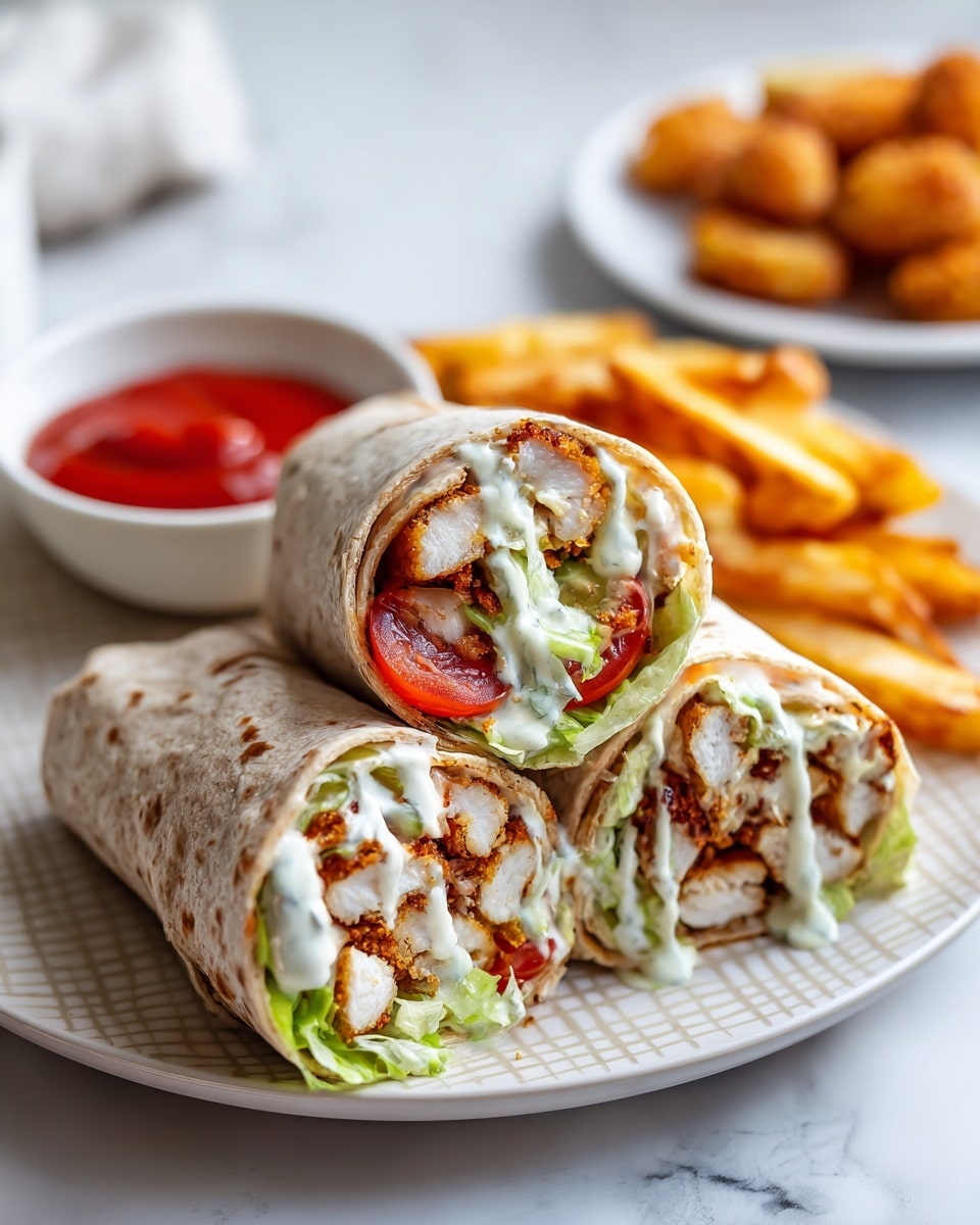 Three wrap pieces stand upright on a white plate with a subtle grid texture. Each wrap shows layers starting with a light brown whole wheat tortilla, filled with white thick slices of chicken, bright green crunchy lettuce, red tomato slices, and drizzled with creamy white sauce. Behind the plate, blurred golden fried pieces and a white bowl filled with red ketchup sit on a white marbled surface. Photo taken with an iphone --ar 4:5 --v 7