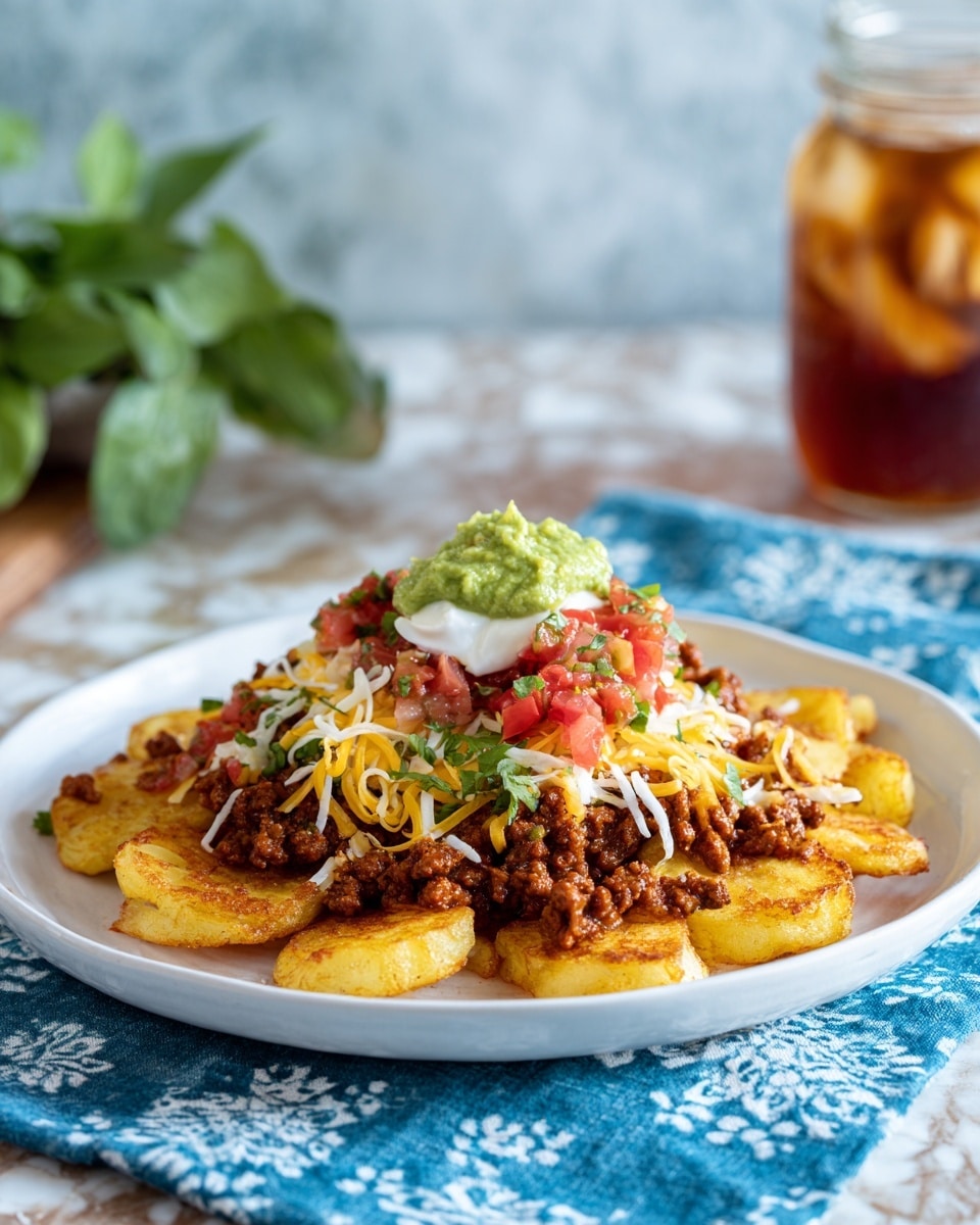 A white plate holds a dish with three main layers. The bottom layer is golden, crispy potato pieces spread across the plate. On top of the potatoes is a thick layer of cooked, browned ground meat mixed with sauce. This meat layer is sprinkled with shredded light yellow and white cheese. Above the cheese is a layer of white sour cream, topped with chunky red and green tomato salsa and a dollop of smooth green guacamole. The plate rests on a blue cloth with white patterns, and the background features a glass jar with iced tea and a green leafy herb on a white marbled surface. photo taken with an iphone --ar 4:5 --v 7