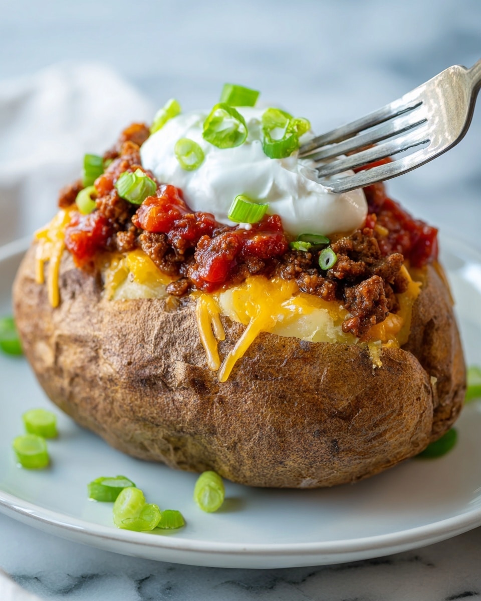 A baked potato with a rough brown skin placed on a white plate on a white marbled surface. The potato is opened and filled with a layer of melted yellow cheese mixed with seasoned ground meat. On top of this is a bright red layer of chunky salsa, covered by a dollop of thick white sour cream, sprinkled with small slices of green onion. A silver fork is pressed into the sour cream at the top center of the potato, showing some texture and breaking into it. Photo taken with an iphone --ar 4:5 --v 7