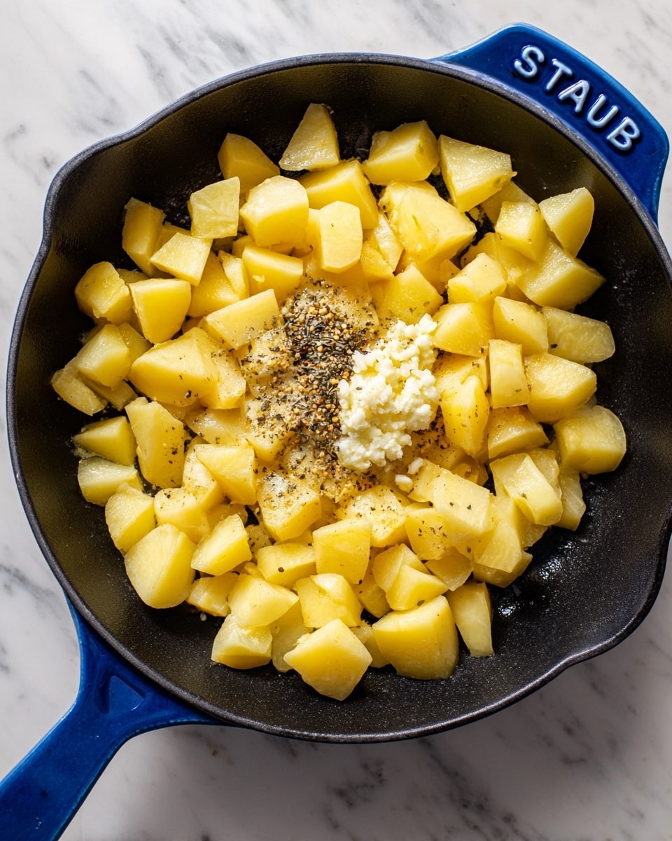 A close-up top view of a black pan with a blue handle on a white marbled surface, filled with chopped yellow potatoes spread out evenly. On top of the potatoes, there is a sprinkle of black pepper and dried brown herbs, with a dollop of minced garlic in the lower center. The butter is partially melted, creating a shiny layer under the potatoes, showing a mix of soft yellow and melted butter textures. The pan has the word