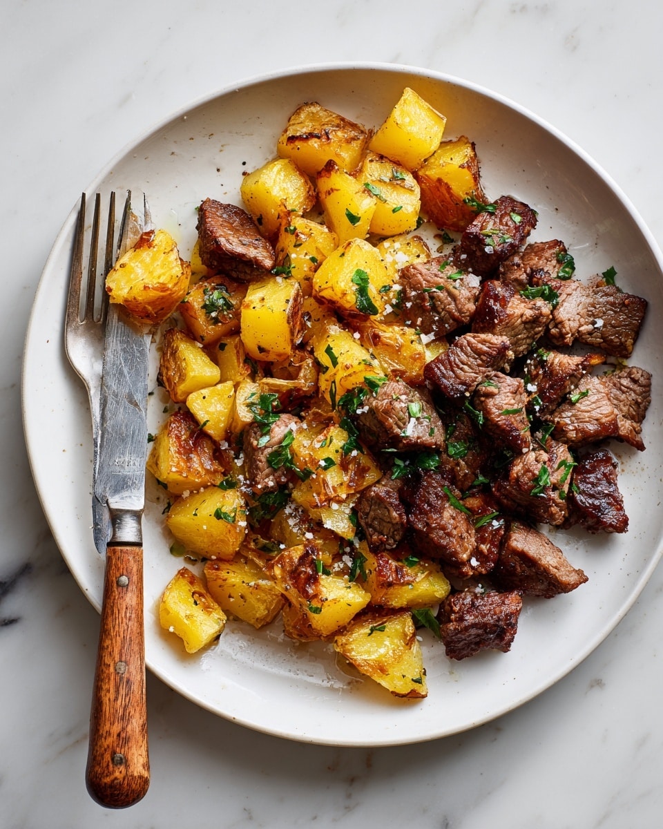 The image shows a white round plate on a white marbled surface filled with a dish of cooked meat and roasted potatoes. The dish has two layers: the first layer consists of browned, cubed roasted potatoes with a golden-yellow color and crispy edges, and the second layer has medium-sized pieces of cooked brown meat scattered evenly throughout. Both layers are sprinkled with small pieces of green herbs and visible sea salt flakes, adding fresh color and texture. A fork and a knife with wooden handles rest on the left side of the plate, with the fork slightly inserted into a piece of meat. Photo taken with an iphone --ar 4:5 --v 7