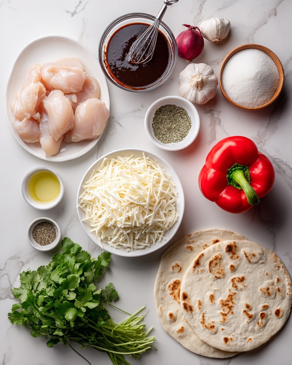 The image shows a top view of various ingredients arranged neatly on a white marbled surface. At the bottom right, there are two pieces of flatbread, pale beige in color, with a bright red bell pepper placed on top of them. Just above the flatbread is a small white bowl filled with shredded mozzarella cheese, soft and pale white. To the left, a white plate holds four raw, pale pink pieces of chicken. Around the plate and flatbread, other ingredients are spaced out: a small white bowl with a whisk inside containing thick dark brown BBQ sauce, a bunch of fresh green cilantro leaves, a whole deep red onion, a small white bowl with light green dried seasoning, a small bowl with pale yellow olive oil, a head of garlic with white papery skin, and a small wooden bowl filled with finely grated, off-white Parmesan cheese. The composition is clean and organized, with a fresh and simple look. photo taken with an iphone --ar 4:5 --v 7