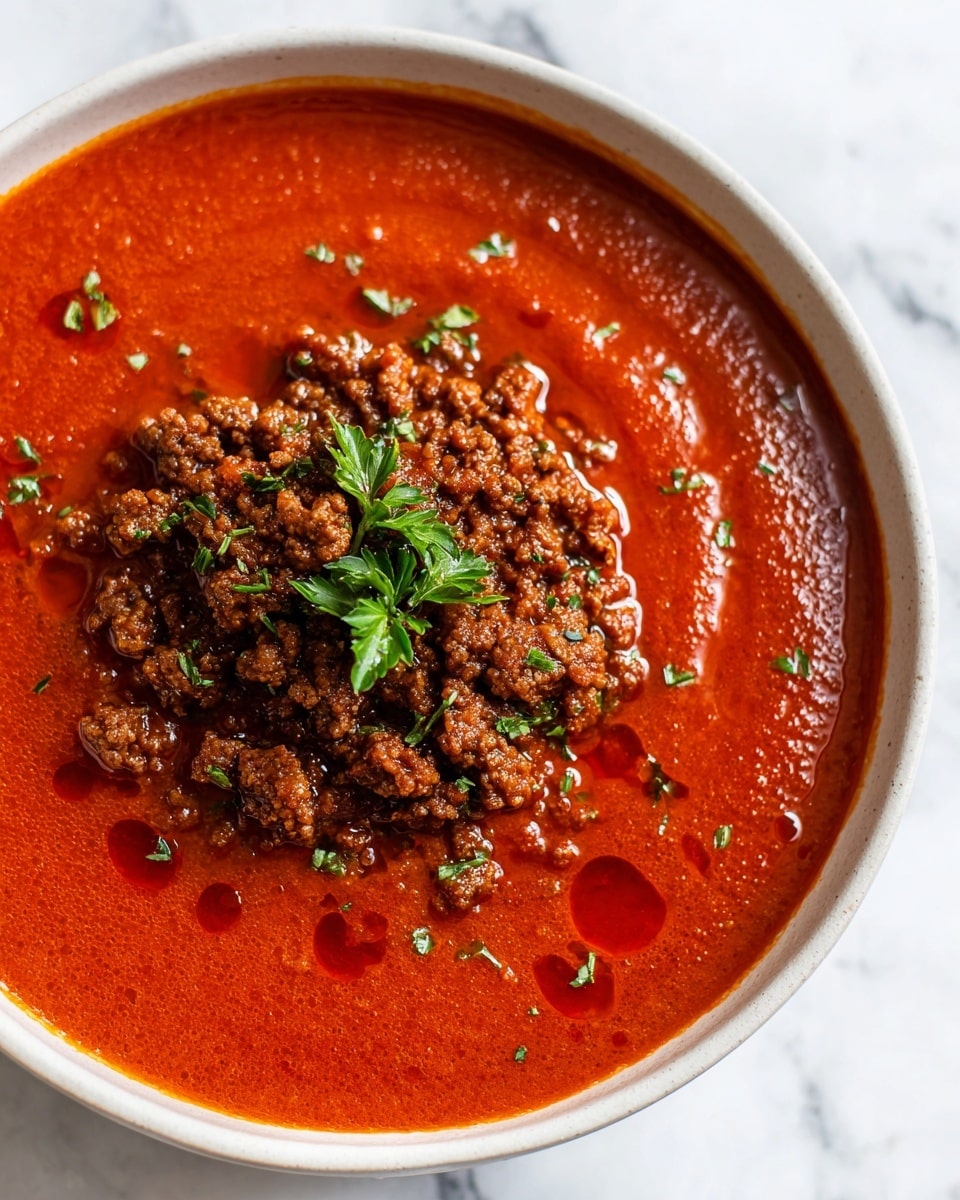 A close-up view of a white bowl with two main layers: the bottom layer is a thick, smooth tomato sauce with herbs, bright red-orange in color and slightly shiny; the top layer is a heap of cooked ground meat, brown and crumbly with a rough texture, sitting in the center of the sauce. The inside edge of the bowl shows splashes of the red sauce. The background is a white marbled texture. Photo taken with an iphone --ar 4:5 --v 7