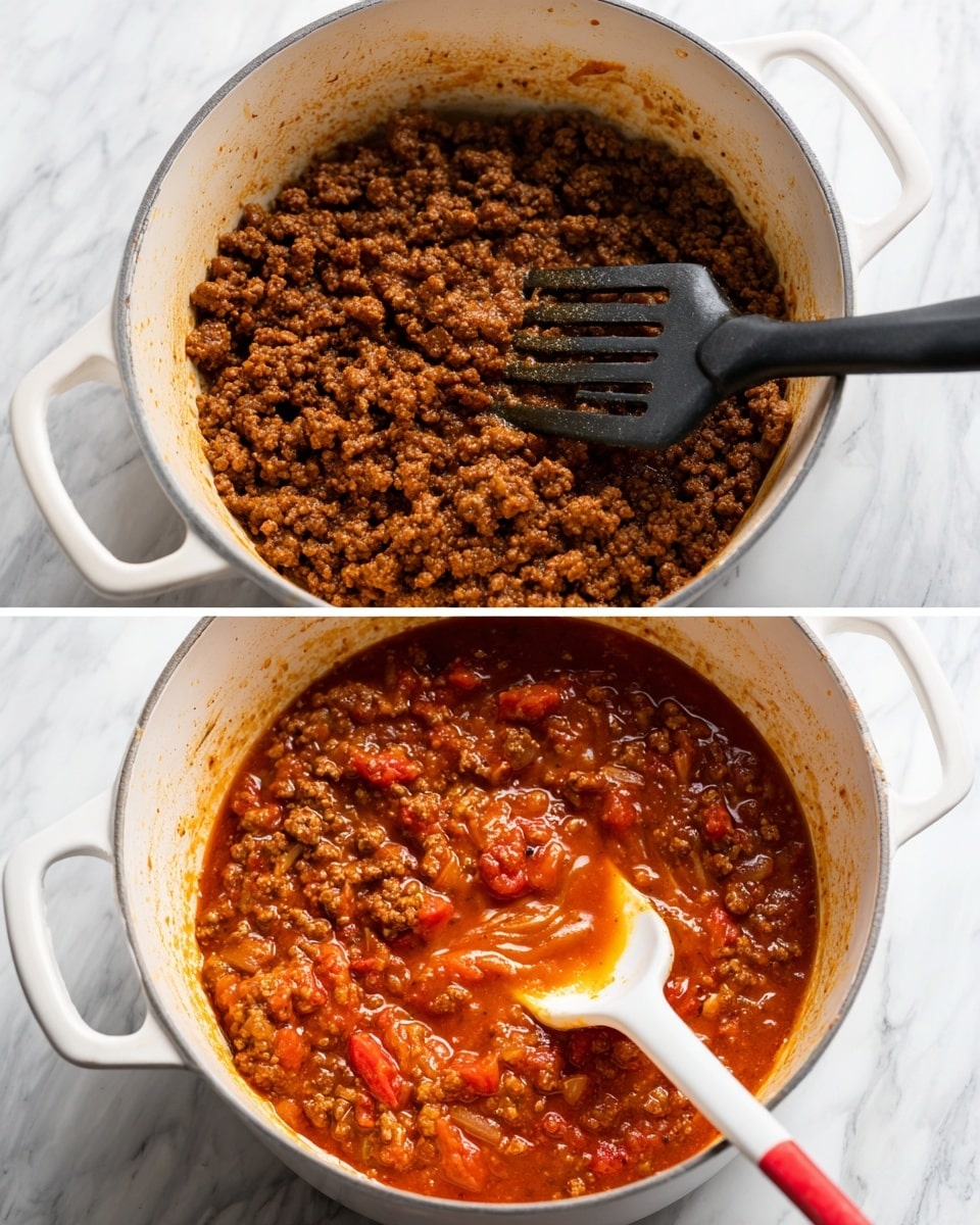 The first image shows a white pot filled with browned ground beef, the meat is crumbly and cooked evenly, with a black slotted spatula resting inside the pot. The second image shows the same white pot now filled with a rich orange and red liquid, a mix of ground beef, chunks of tomato, and visible swirls of creamy texture on top. A white spatula with a red silicone head is partially submerged, stirring the contents. The pot sits on a white marbled surface photo taken with an iphone --ar 4:5 --v 7