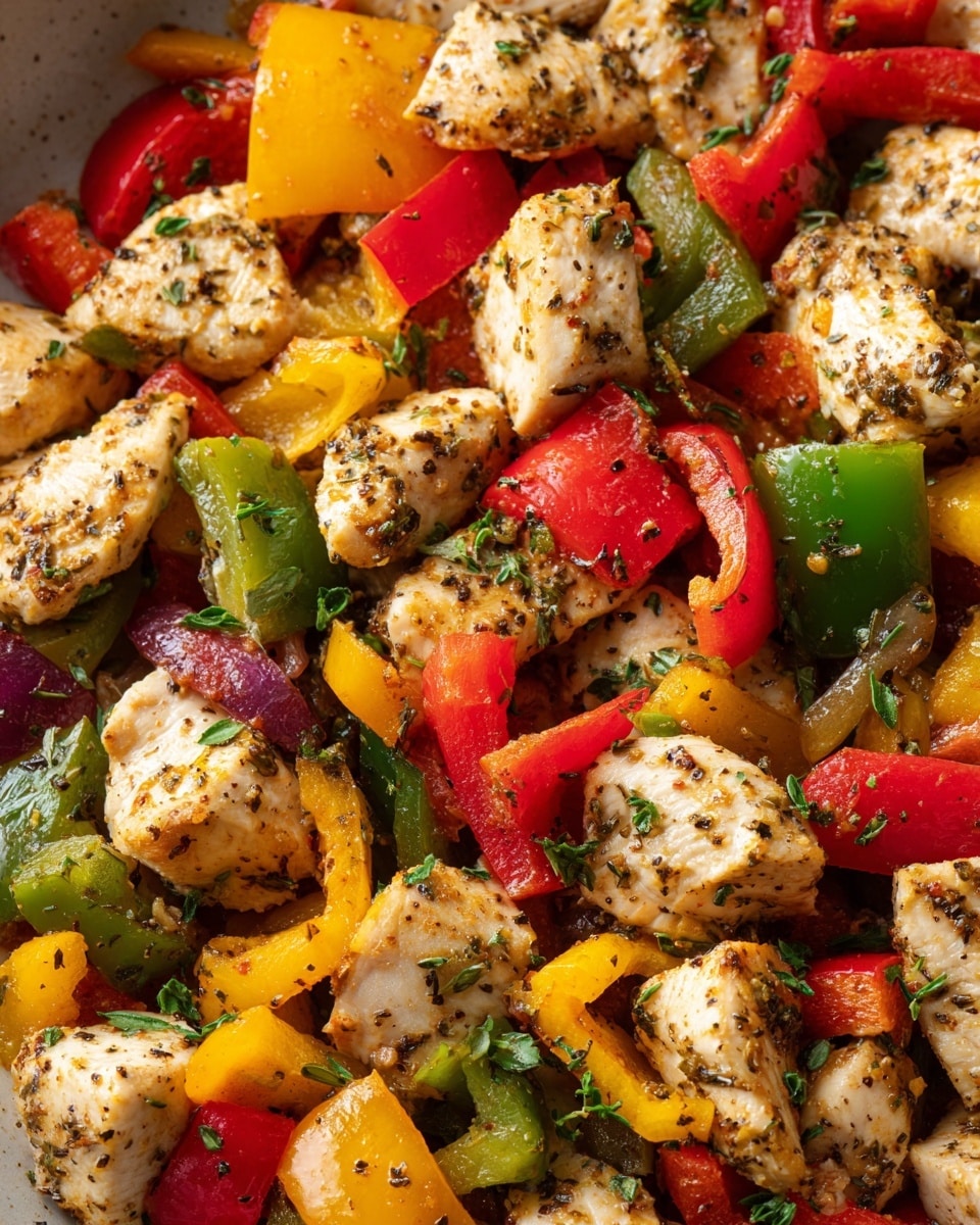 The image shows a close-up of cooked chicken pieces mixed with colorful chopped bell peppers in red, yellow, and green. The chicken is white with light brown seasoning and some visible herbs on the surface. The bell peppers add bright color contrast with their shiny, slightly soft texture. The ingredients are evenly mixed and appear juicy and well-seasoned. The background is a white marbled texture. photo taken with an iphone --ar 4:5 --v 7