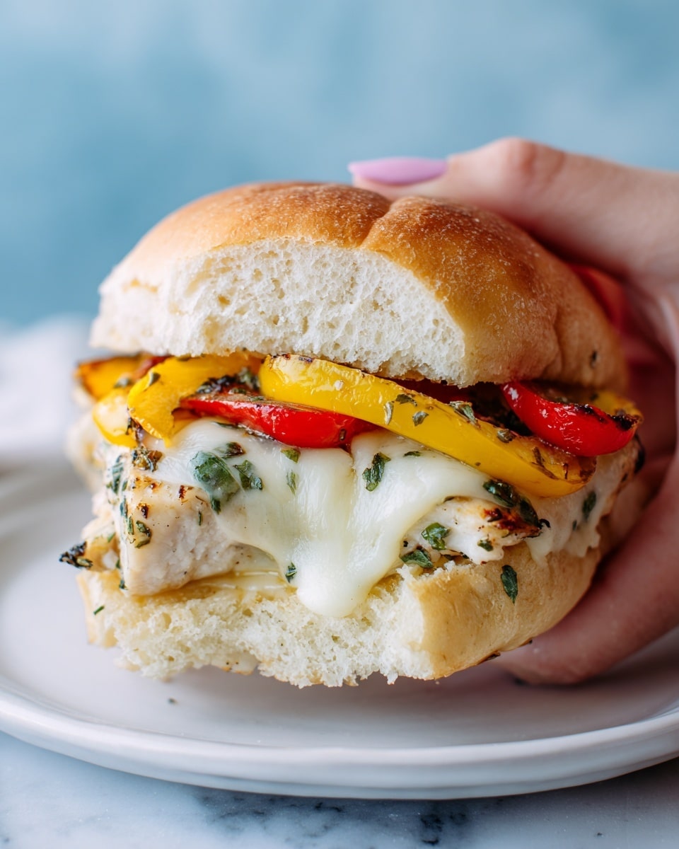 A close-up of a sandwich held by a woman's hand shows four layers: the top is a soft white bun, under it is melted white cheese stretching down, followed by grilled yellow and red bell peppers, and at the bottom is grilled chicken with herbs. The sandwich is held above a white plate on a white marbled surface, and the background is a soft blue color. photo taken with an iphone --ar 4:5 --v 7