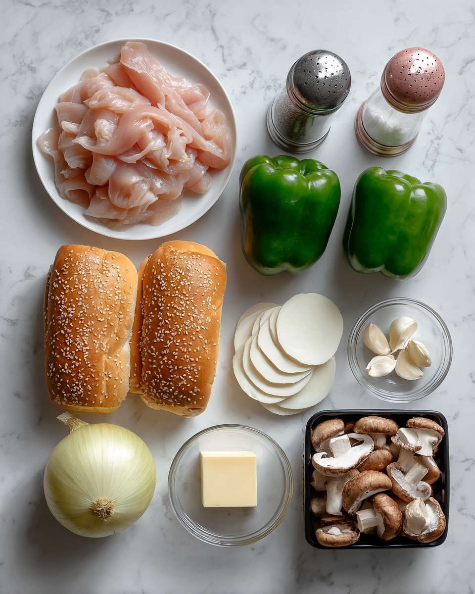 The image shows various ingredients placed on a white marbled surface. In the top left, there is a white plate with raw, thinly sliced pink chicken pieces. To the right of the plate, there are two whole green bell peppers side by side, with black pepper and pink salt grinders behind them. Below the peppers, there are two sesame seed hot dog buns with a golden brown top. Near the center bottom, there are five round, smooth, white cheese slices layered slightly overlapping. To the left of the cheese is a whole yellow onion. Below the onion, there is a small glass bowl with a square piece of butter, and next to it is another small glass bowl holding a peeled garlic clove. In the bottom right corner, there is a black container filled with sliced brown mushrooms showing a rough texture on their caps. Photo taken with an iphone --ar 4:5 --v 7