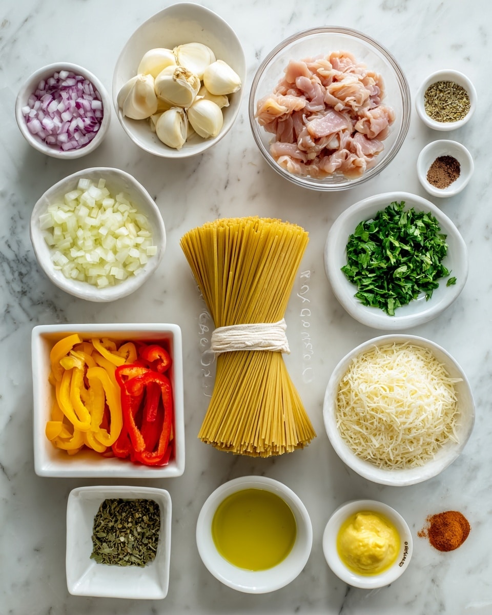 The image shows ingredients arranged neatly on a white marbled surface for a pasta dish. In the center, there is a bundle of uncooked linguine tied with a white string. To the bottom right of the linguine, a small white bowl holds grated parmesan cheese with a fluffy texture. Above that, a clear bowl contains raw sliced chicken with a pink color and moist texture. On the left, a small white bowl holds chopped shallots that are pale purple. Next to it, a white bowl shaped like a flower contains peeled garlic cloves, which are cream-colored. Below the shallots, a white bowl contains sliced bell peppers in red, orange, and yellow colors with a shiny look. On the far right, there is a set of small white dishes holding different items: a dish with green olive oil, a bowl with cream, a lemon cut into wedges, chopped green parsley, and a small dish with a yellow butter mix labeled