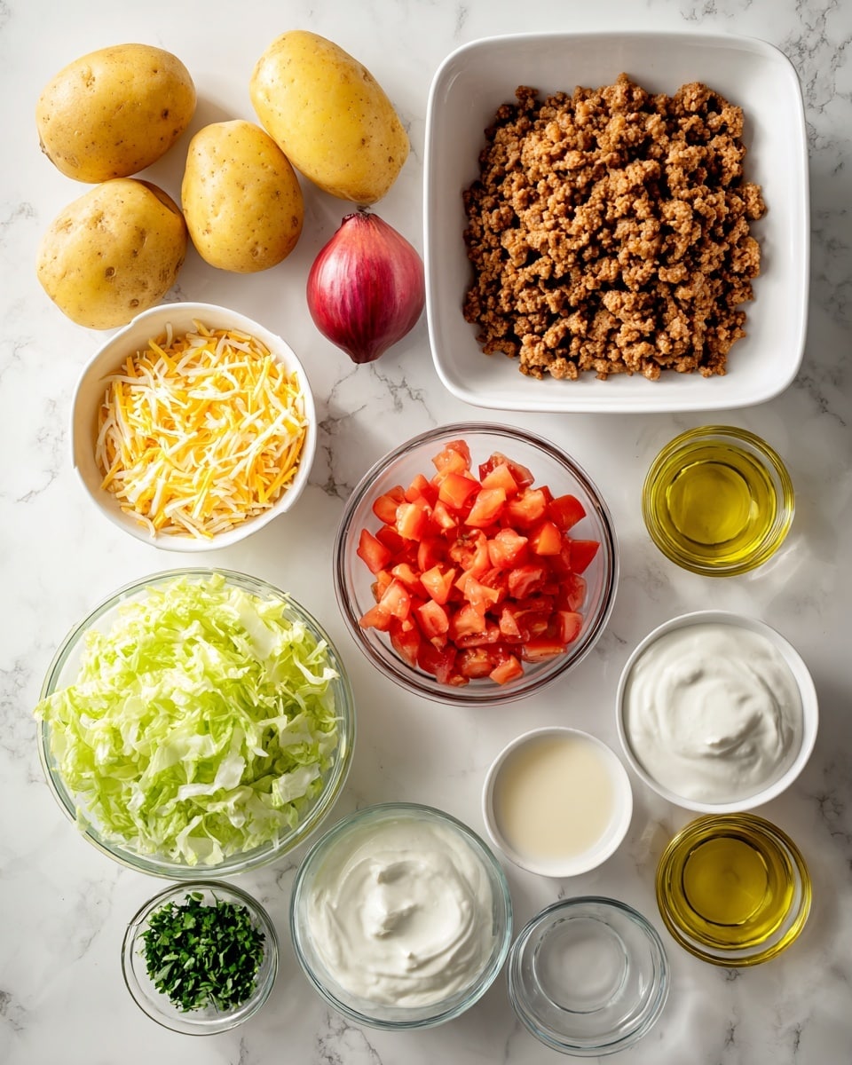 The image shows several ingredients placed neatly on a white marbled surface. There are four whole potatoes, three of them yellow and one red, positioned on the top left. To the top right is a white square bowl filled with cooked, crumbled brown ground meat. Below the potatoes is a small white bowl filled with shredded yellow and white cheese. Next to it is a clear glass bowl with chopped red tomatoes and another white bowl with shredded green lettuce. Below, there are three smaller containers: a tiny white bowl with chopped green herbs, a small white bowl with sour cream, and a clear glass bowl with more sour cream or yogurt. At the bottom left these ingredients include a white bowl with a light cream liquid, and two small clear glass bowls with golden yellow oil. The overall setup is clean and bright, showing fresh and prepared ingredients for cooking. photo taken with an iphone --ar 4:5 --v 7