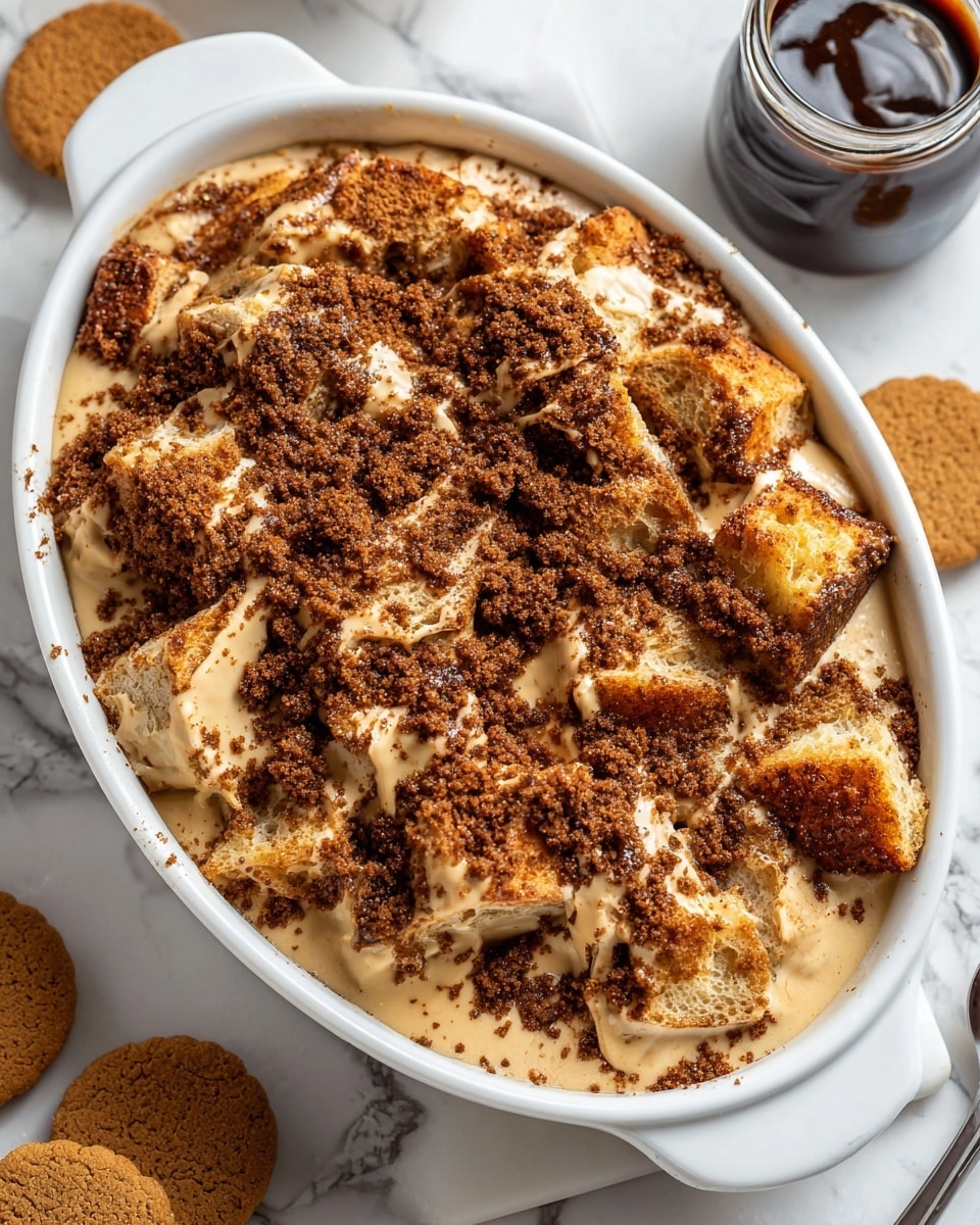 The image shows a white oval baking dish filled with a creamy, light brown dessert made of soft bread pieces layered with thick, smooth, coffee-colored cream, topped with crushed light brown cookies scattered unevenly on the surface. The dish is placed on a white marbled surface with a jar of dark spread and more light brown cookies around it. The texture is rich and fluffy with parts of the bread slightly soaked in the cream, creating a layered look of bread and cream with cookie crumbs on top. photo taken with an iphone --ar 4:5 --v 7