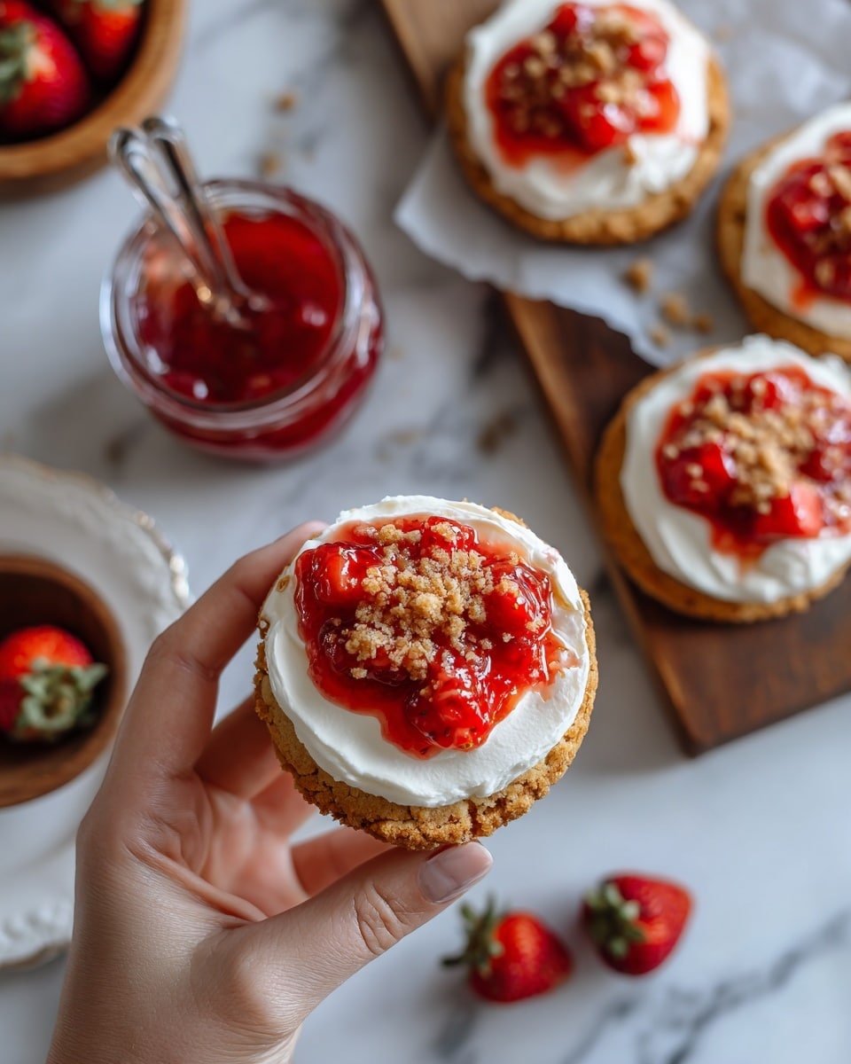 A woman's hand is holding a round cookie with three distinct layers: the bottom layer is a golden-brown cookie, the middle layer is smooth white cream spread evenly, and the top layer is a mix of small, bright red strawberry chunks covered with red strawberry sauce and light brown crumbs sprinkled on top. In the background, more cookies with the same three layers sit on a wooden board, while a small glass container filled with red strawberry sauce and a small wooden bowl of whole fresh strawberries are placed on a white marbled surface. A white plate with parchment paper is also visible behind the woman's hand. photo taken with an iphone --ar 4:5 --v 7
