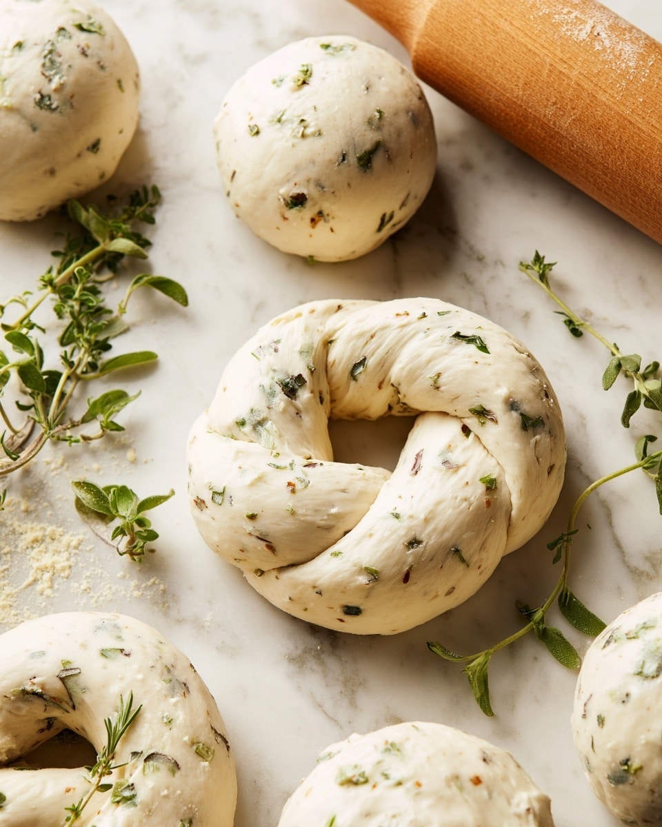 The image shows several pieces of raw dough with small green herb bits mixed in, placed on a white marbled surface. One piece of dough is shaped into a pretzel with a smooth texture and light off-white color with visible green specks. Around it, there are other round dough balls with similar texture and color. A wooden rolling pin is partly visible at the top right corner. A few small green herb sprigs are scattered on the surface near the dough pieces. photo taken with an iphone --ar 4:5 --v 7