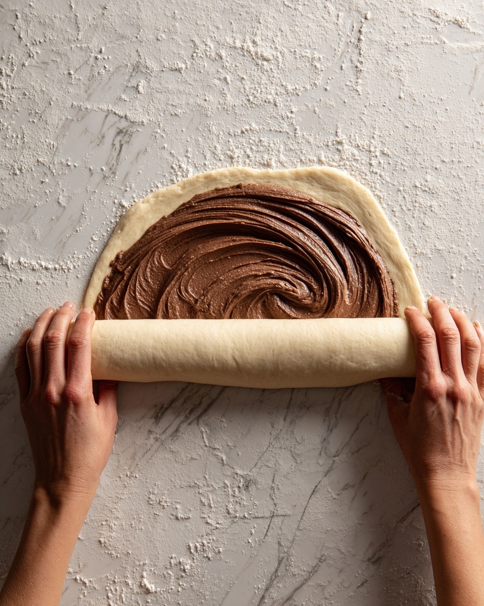 The image shows two woman's hands rolling up a sheet of light beige dough spread with a thick, smooth layer of dark brown chocolate or hazelnut spread. The dough is rolled from the bottom edge toward the top, creating a tight, even spiral. The surface under the dough is a white marbled texture with faint markings and text. The lighting softly highlights the creamy texture of the spread and the pliable softness of the dough. photo taken with an iphone --ar 4:5 --v 7