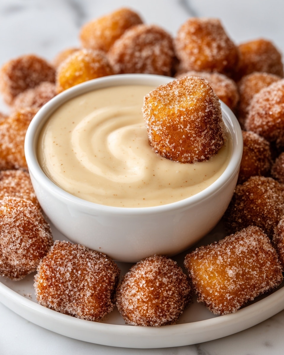 A white plate filled with many small, golden brown cinnamon sugar-coated bites, each piece showing a slightly rough and crunchy texture with a dusting of cinnamon and sugar crystals; one piece at the top center is dipped halfway into smooth, light beige creamy sauce with a soft, swirled texture. In the background, a white bowl holds more of the same creamy sauce, its surface showing even swirled ridges and topped with a small sprinkle of darker cinnamon powder. The plate and bowl rest on a white marbled surface, creating a clean and bright setting. photo taken with an iphone --ar 4:5 --v 7