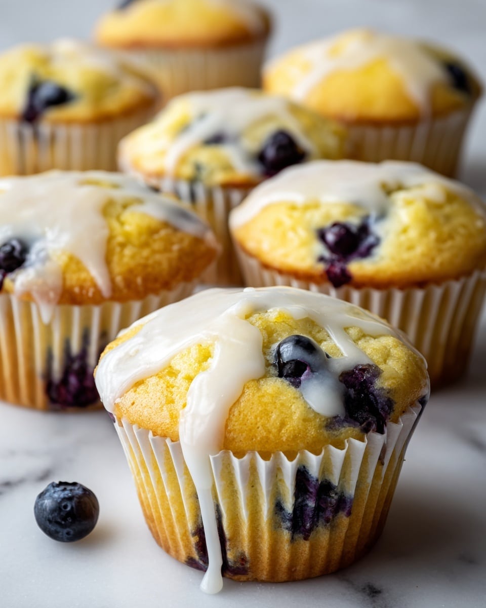 The image shows a group of blueberry muffins arranged on a white marbled surface, with one muffin in the front in clear focus. Each muffin has a golden-yellow top with dark blue blueberry spots spread throughout, giving a mix of blue and yellow colors across the surface. On top of each muffin, there are thick white icing drips that flow down the sides, creating a smooth, glossy texture contrasting with the rougher muffin surface. The muffins are wrapped in white cupcake liners, and the background fades slightly out of focus to highlight the front muffin more. Photo taken with an iphone --ar 4:5 --v 7