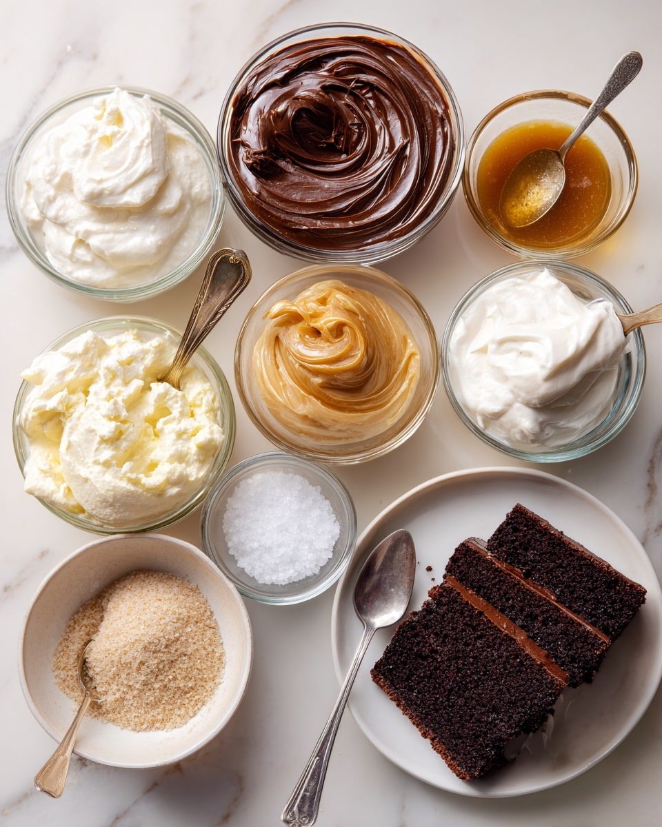 There are nine small clear glass bowls and one small white bowl arranged neatly on a white marbled surface. Each bowl contains a different ingredient: three bowls have different types of white creams with smooth or slightly whipped textures, one has a rich dark chocolate spread with a swirled surface, one contains a golden caramel-like thick sauce, another has a dark amber syrup, one white bowl holds a light brown grainy powder with a silver spoon inside, one bowl is filled with a pile of white granulated salt, and two thick slices of chocolate cake are placed on a small white plate with a spoon resting next to them. photo taken with an iphone --ar 4:5 --v 7