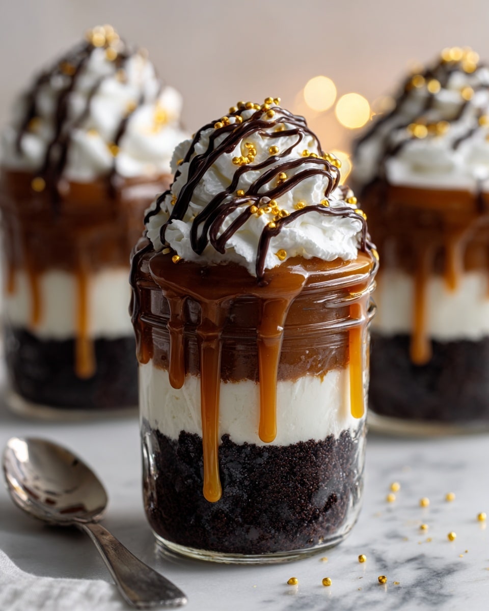 A dessert in a clear glass shows five layers: at the bottom is a dark crumbly layer mixed with some crunchy bits, above it is a white creamy layer, followed by a smooth light brown caramel layer, then a thick dark chocolate layer dripping down the sides. On top is a scoop of light beige ice cream with pieces of chocolate and nuts sprinkled over it, with extra chocolate sauce dripping down the sides. The glass is on a white marbled surface with blurred similar desserts and two silver spoons in the background. photo taken with an iphone --ar 4:5 --v 7
