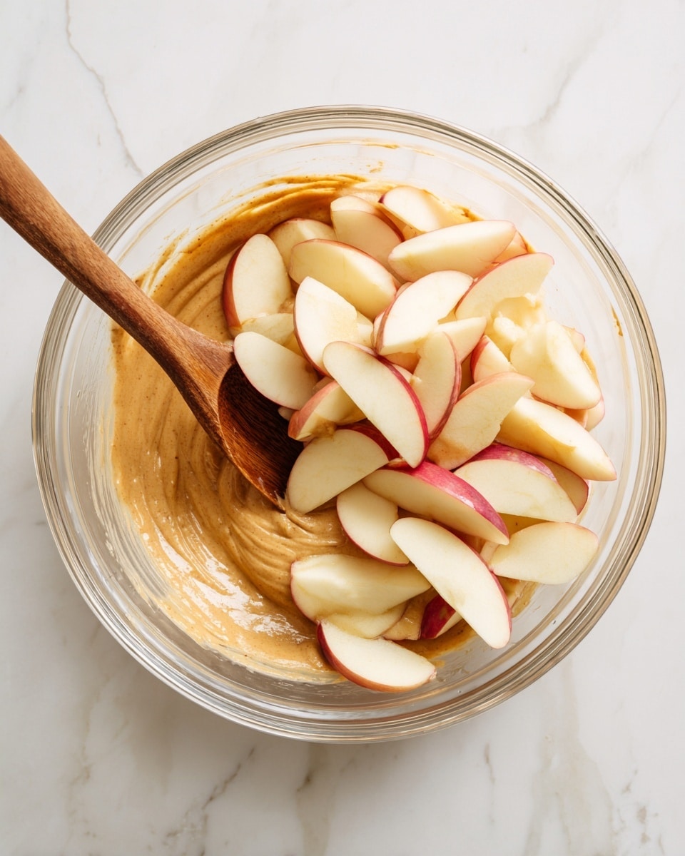 A clear glass bowl sits on a white marbled surface, filled halfway with a light brown, thick batter that has a smooth and creamy texture. On the right side of the bowl, there is a large pile of thinly sliced pale yellow apple pieces with light reddish edges, showing their smooth skin and soft flesh. A wooden spoon rests inside the bowl, partially submerged in the batter and touching the sliced apples, ready to mix the two layers together. photo taken with an iphone --ar 4:5 --v 7