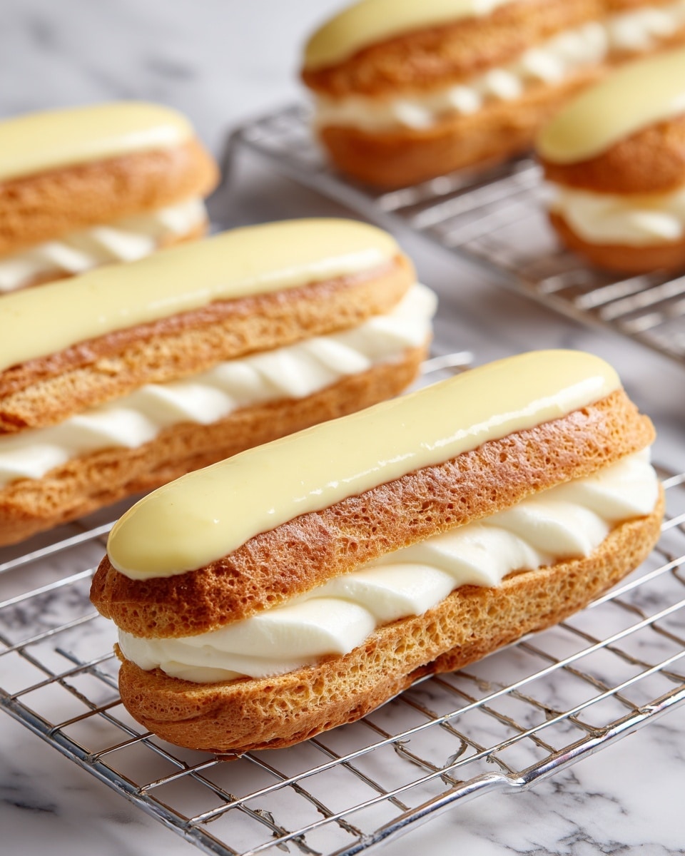 The image shows three éclair pastries on a white plate with a thin silver rim, placed on a white marbled surface. Each éclair has two visible layers: a soft, light brown choux pastry base with a fluffy texture, topped with a smooth, thick layer of pale yellow lemon cream. There is a white creamy filling inside the éclair, visible where the pastry slightly splits in the middle. In the background, a bright yellow whole lemon is slightly blurred, adding color contrast. The lighting is soft and natural, highlighting the details and textures of the pastries. Photo taken with an iphone --ar 4:5 --v 7