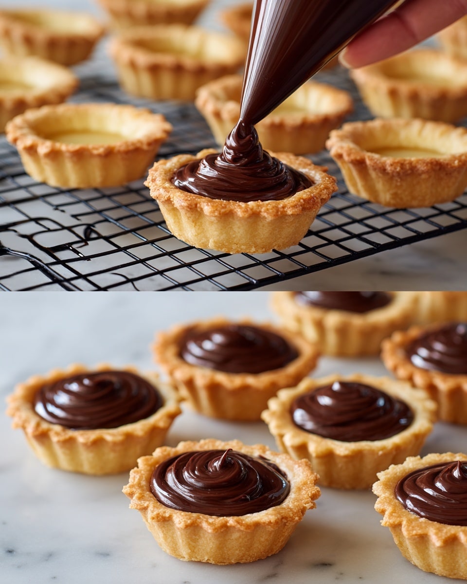 Two images show a close-up of small tart shells placed on a black cooling rack over a white marbled surface. The tart shells have a golden-brown, slightly crispy texture with fluted edges. In the left image, a woman's hand is holding a piping bag filled with dark, rich chocolate cream being filled into one of the tart shells, creating a smooth, glossy chocolate swirl inside the shell. The rest of the tart shells are either empty or partially filled with the same chocolate layer. The right image shows multiple tart shells fully filled with the chocolate cream, each with a shiny, thick, and creamy surface that has a slight swirl pattern on top. photo taken with an iphone --ar 4:5 --v 7