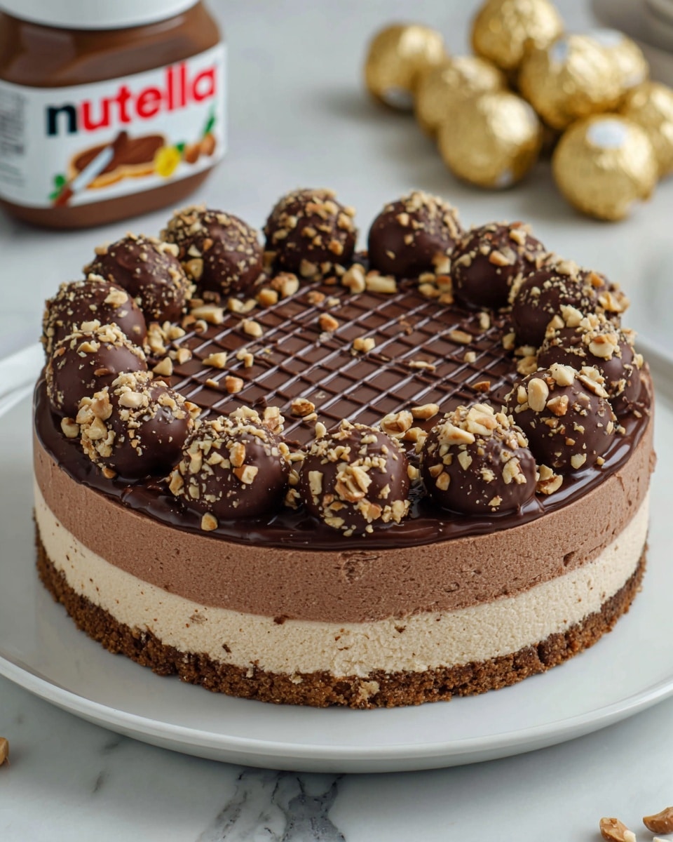 A round chocolate cake with three visible layers sits on a white plate placed on a white marbled surface. The bottom layer is a crumbly light brown crust. The middle layer is thick, smooth milk chocolate mousse in a light brown color. The top layer is a thin dark chocolate drizzle pattern. The cake is decorated around the edge with a ring of round chocolate balls covered in nuts, and the center is sprinkled with chopped nuts. Gold-wrapped chocolate pieces and gold forks are scattered around the plate. Photo taken with an iphone --ar 4:5 --v 7