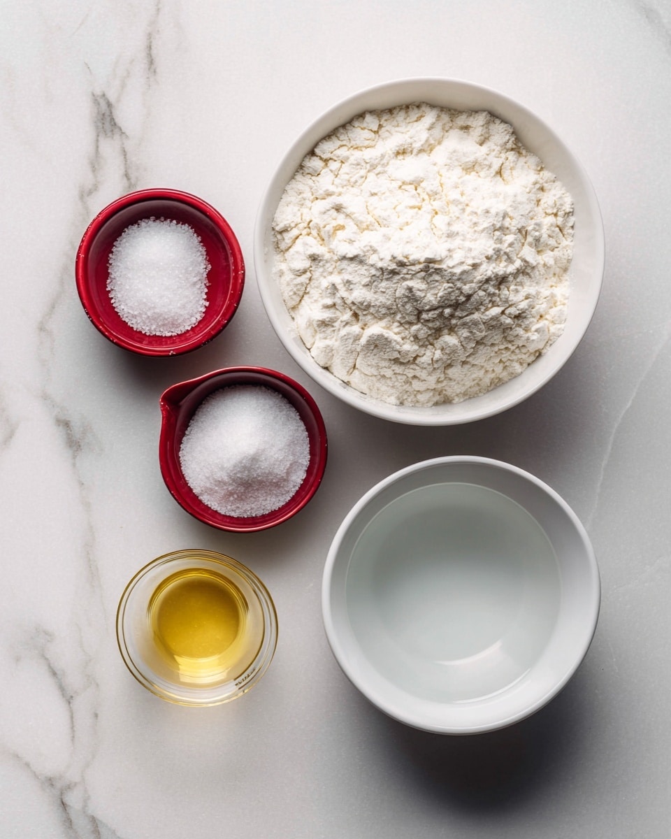 The image shows four bowls and containers arranged on a white marbled surface. At the top right, a white bowl is filled with a fine, powdery white substance labeled all purpose flour. Next to it, on the top left, a small red divided container holds two piles: white sugar on the left side and salt on the right side. Below these, at the bottom left, a small clear cup holds a light yellow liquid labeled neutral oil. Finally, at the bottom right, a white bowl contains clear water. Each ingredient is neatly placed, showing a clear view of textures and colors, with a clean and simple setup photo taken with an iphone --ar 4:5 --v 7