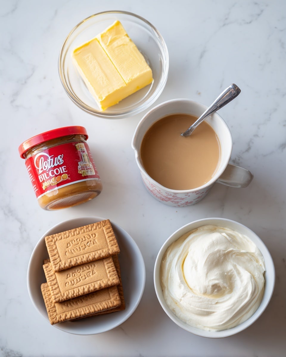 The image shows a top view of ingredients on a white marbled surface. On the left side, there is a glass bowl with a rectangular piece of yellow butter. Below it, a jar of Lotus Biscoff spread with a red lid and label is placed. On the top right, a white cup with black text filled with light brown liquid and a matching spoon inside is present. Next to it on the bottom right, a white bowl is filled with stacked rectangular Biscoff biscuits in a light brown color with embossed logos. Below that bowl, another white bowl contains smooth white cream, swirled gently. The items are arranged spaced apart clearly and naturally lit, photo taken with an iphone --ar 4:5 --v 7