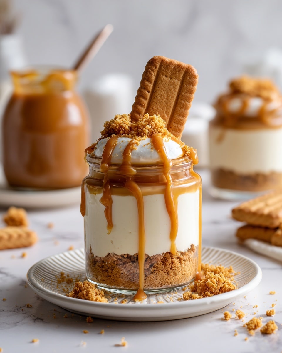 The image shows a small glass jar filled with three visible layers: a bottom layer of smooth caramel sauce, a middle layer of creamy white mousse, and a top layer of crumbled cookie pieces with caramel sauce dripping down the sides. A single rectangular golden-brown cookie is placed upright in the top layer. The jar sits on a white plate with a textured edge, alongside a whole rectangular cookie and some cookie crumbs scattered on the plate. The background is a white marbled surface with two more jars blurred in the distance and an out-of-focus jar of caramel spread. Photo taken with an iphone --ar 4:5 --v 7