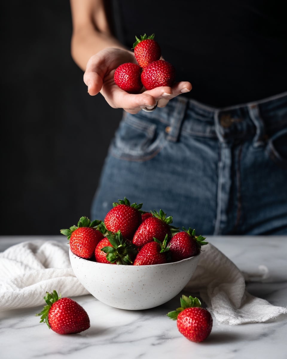A person wearing blue jeans and a black top holds a few bright red strawberries in their palm as three strawberries fall toward a white round bowl filled with fresh, plump red strawberries with green leaves. The bowl sits on a white marbled surface with a white cloth napkin nearby, and the background is dark which highlights the bright fruit and gives a clear view of the falling strawberries. photo taken with an iphone --ar 4:5 --v 7