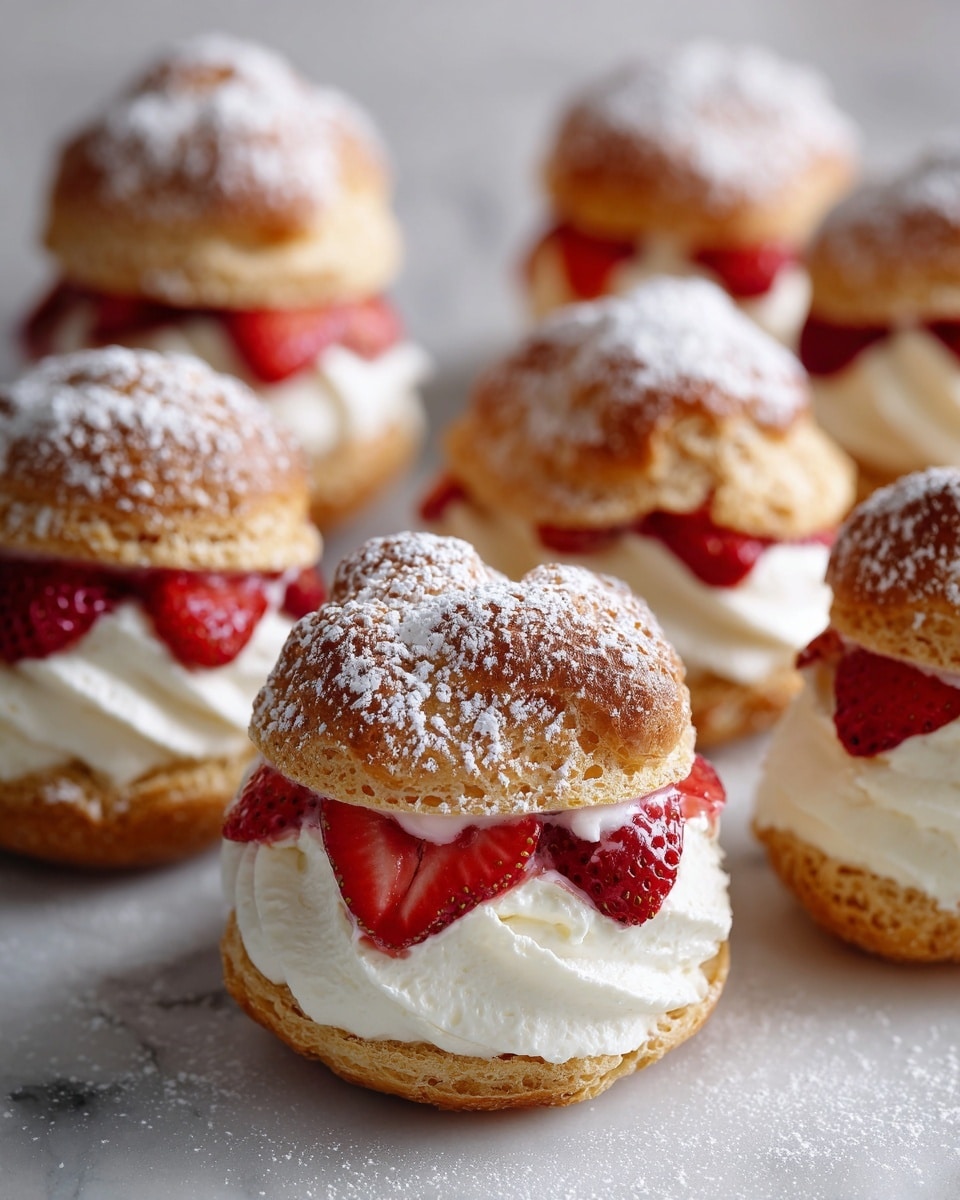 The image shows several cream puff pastries arranged closely on a white marbled surface. Each pastry has two light golden brown choux pastry layers; the top layer is rounded and dusted with powdered sugar. The bottom layer holds a thick, fluffy layer of white whipped cream, topped with small pieces of bright red strawberries visible between the cream layers. The cream is thick and soft in texture, slightly puffed out beyond the pastry edges, giving a rich, fresh look. The background is softly blurred, focusing on the detailed texture of the pastries. photo taken with an iphone --ar 4:5 --v 7