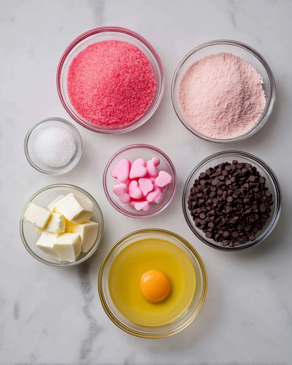 Seven small glass bowls sit on a white marbled surface, each with different ingredients. The top left bowl contains bright pink colored sugar with a grainy texture. To its right is a larger bowl with a light pink powder that looks soft and fine. Below the pink sugar is a tiny bowl holding small pink candy pieces shaped like hearts. In the center is a medium bowl filled with melted yellow butter that looks smooth and shiny. To the right of the butter is a medium bowl filled with dark brown chocolate chips, round and glossy. Below the butter is a small bowl with a whole raw egg showing a yellow yolk and clear liquid white. The last bowl at the bottom left contains white, soft cream cheese in several chunks. Photo taken with an iphone --ar 4:5 --v 7
