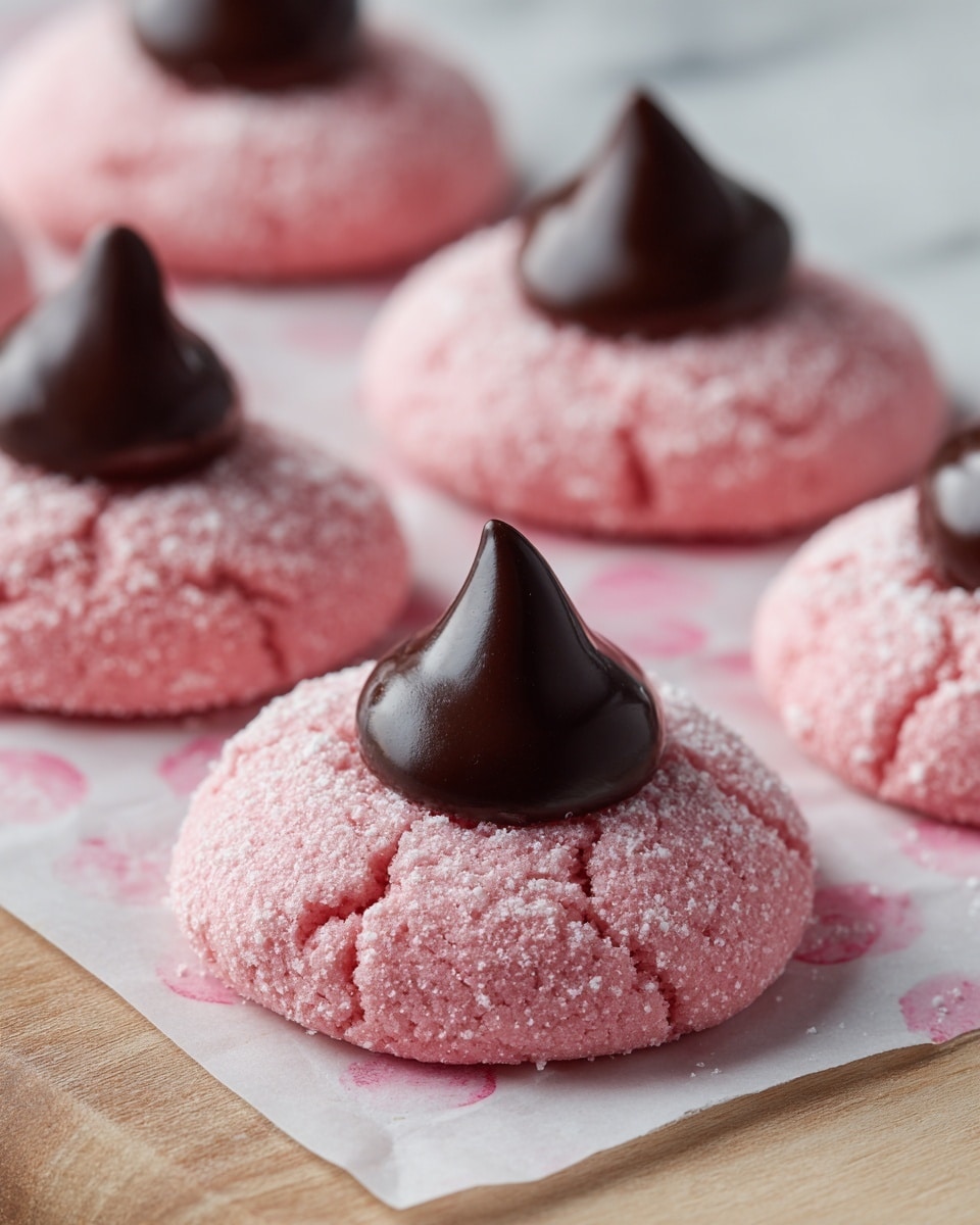 The image shows eight round cookies on a baking tray lined with white paper, arranged in two neat vertical rows of four. Each cookie has two layers: a soft pink outer layer with a slightly cracked surface and a smooth, glossy dark center. The baking tray edges are light brown and slightly worn, placed on a white marbled background. The cookies look evenly spaced and freshly baked photo taken with an iphone --ar 4:5 --v 7