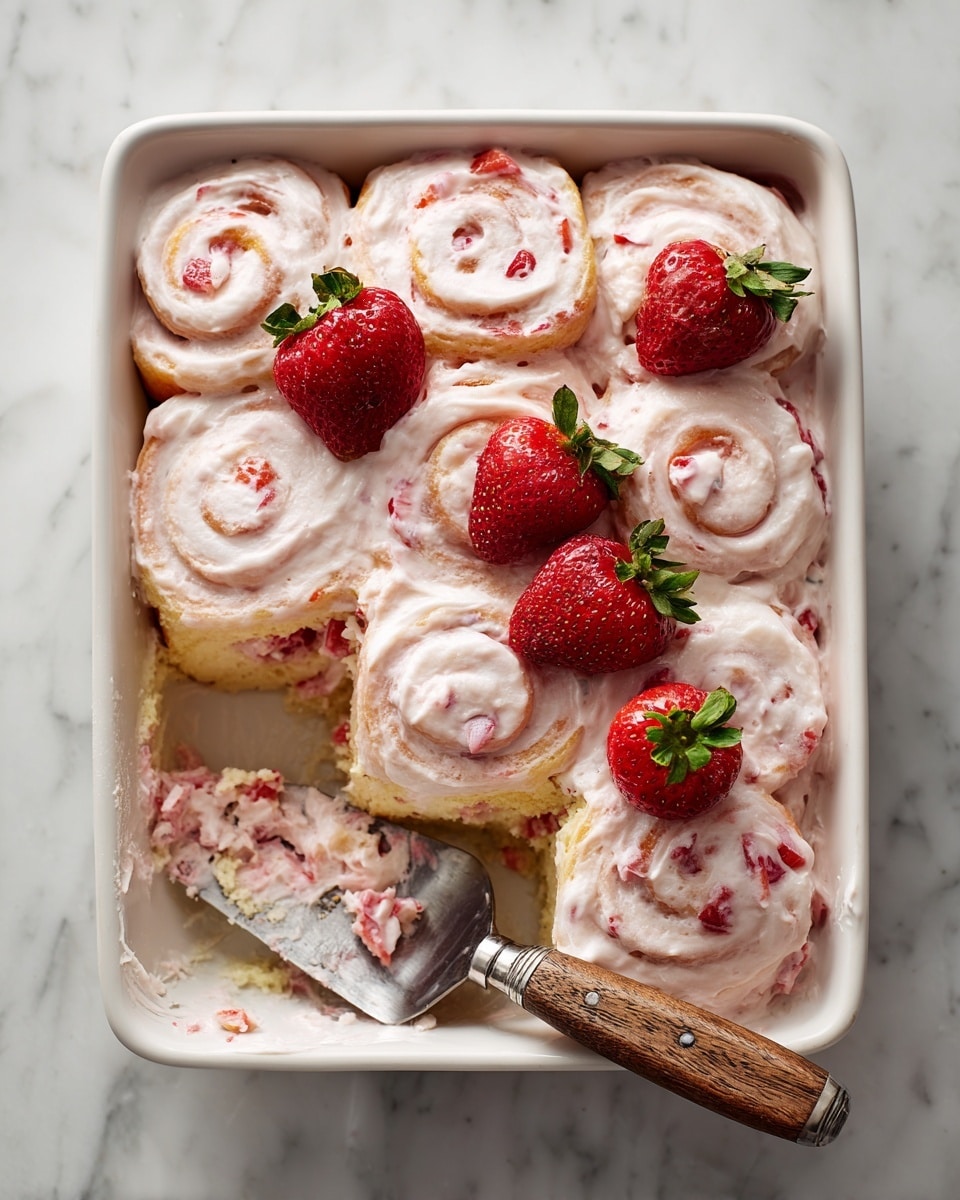 In a white rectangular dish, there are eight spiral rolls arranged in two rows, covered in a thick, pale pink cream with small pieces of red strawberries mixed in. The rolls have a soft, light yellow dough visible under the cream, and three whole fresh strawberries decorate the top layers, adding vibrant red color. One roll is missing from the bottom left corner, showing a creamy inside filled with strawberry bits. A metal spatula with a wooden handle lies partially inside the dish near the empty space. The dish is set on a white marbled surface. photo taken with an iphone --ar 4:5 --v 7