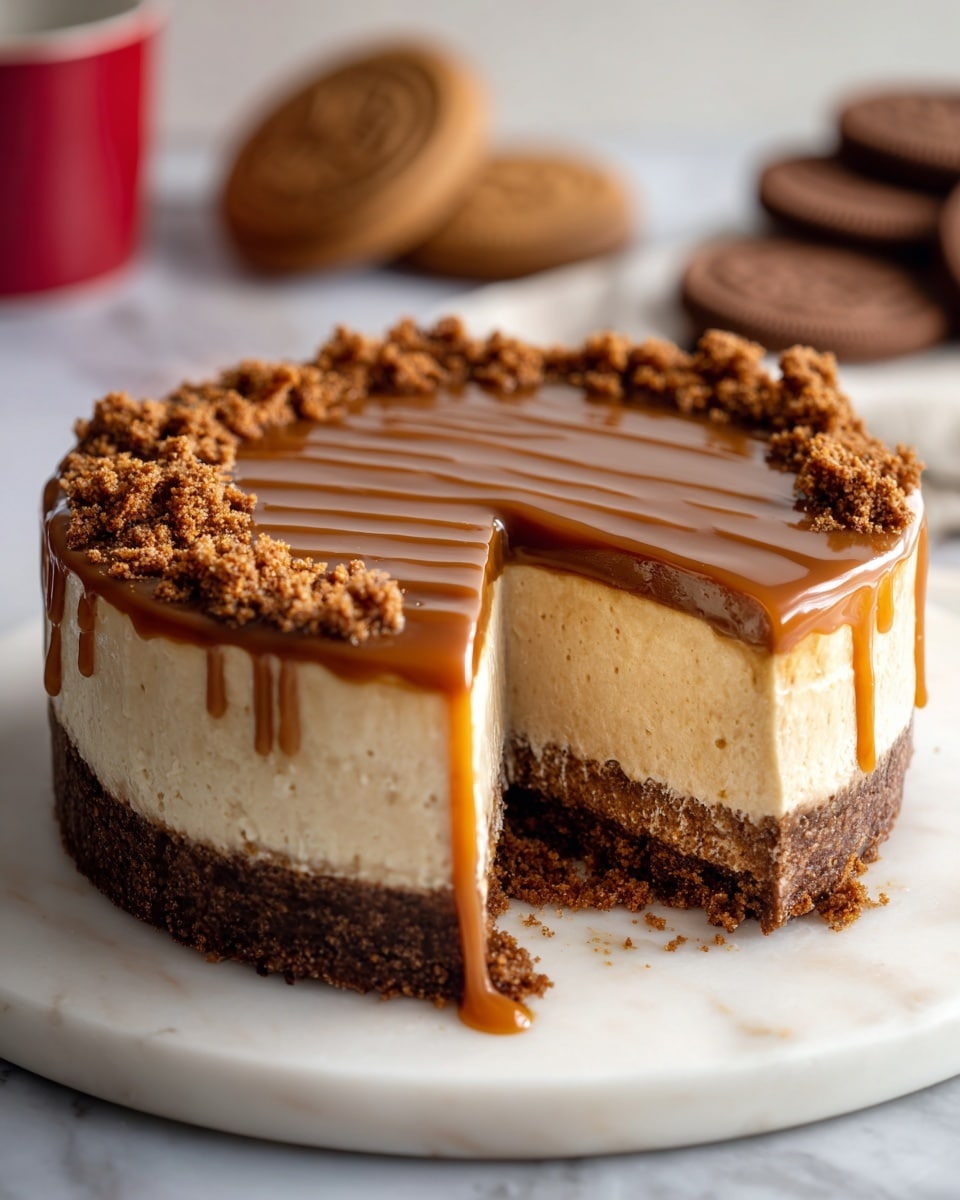 The image shows one slice of cheesecake with three layers on a white plate. The bottom layer is a thick, crumbly dark brown crust. Above it is a dense and creamy light beige middle layer that looks smooth with small holes. The top layer is a glossy, smooth caramel-colored topping, with crumbly bits of crust scattered on one side. The plate sits on a white marbled surface that also has a ginger cookie partially visible in the corner. Photo taken with an iphone --ar 4:5 --v 7