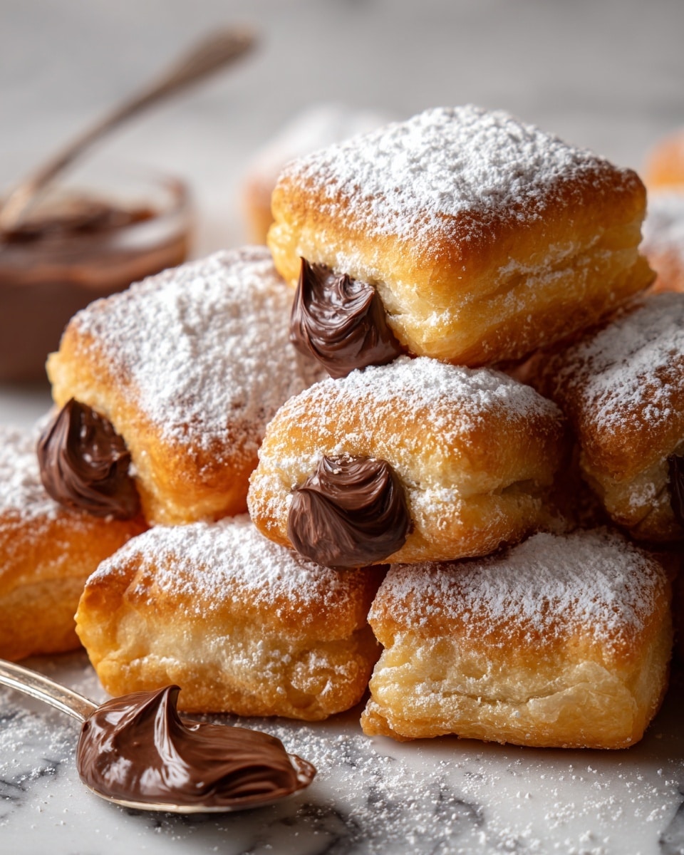 The image shows several small golden-brown round doughnuts covered with a thick layer of white powdered sugar. Each doughnut has a small dollop of smooth, dark brown chocolate filling on top, which looks creamy and rich. The doughnuts appear soft and slightly fluffy with a light crust on the edges. They are placed close together, creating a cozy and tasty arrangement on a white marbled surface. Photo taken with an iphone --ar 4:5 --v 7