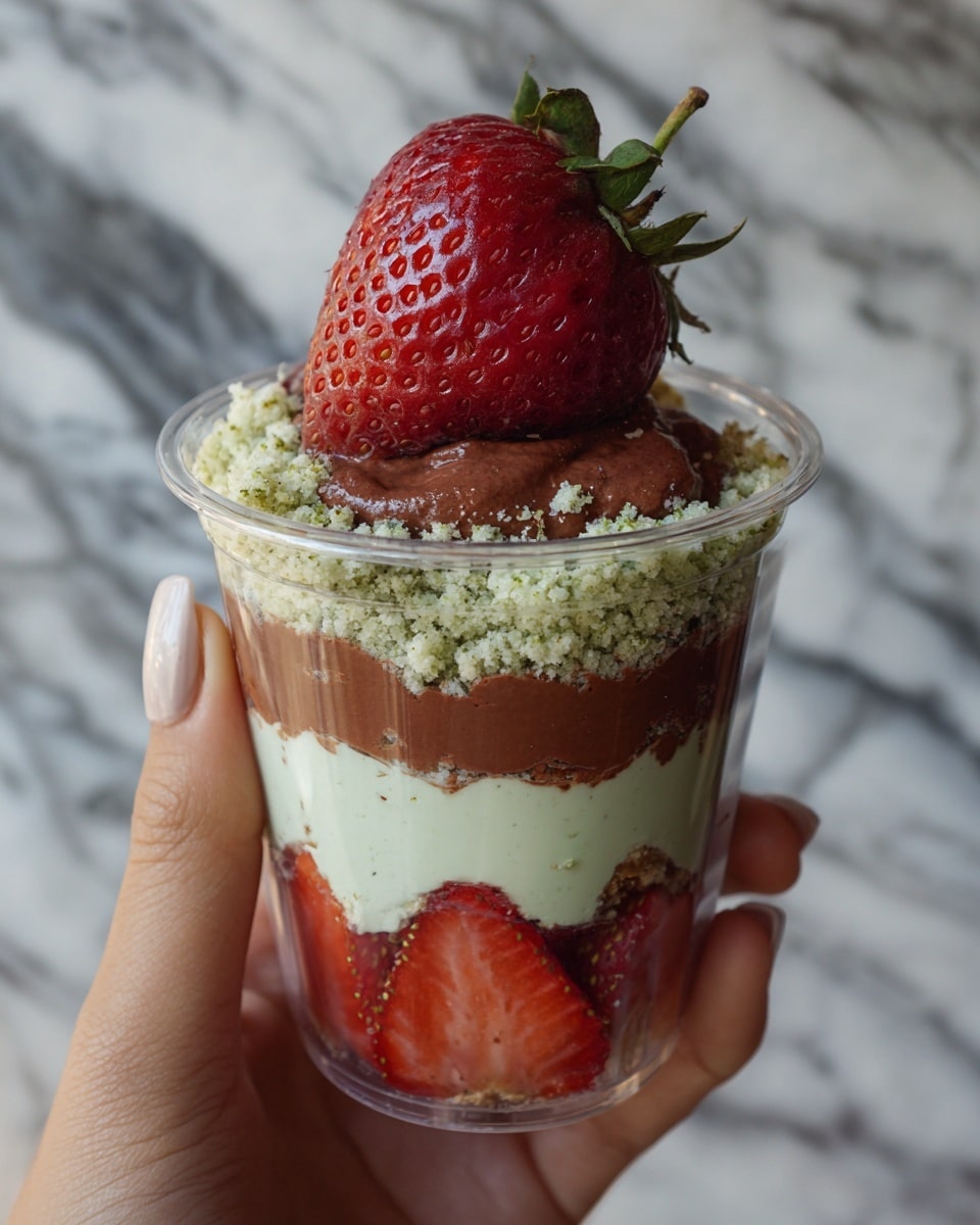 A tall clear glass filled with several layers starting from the bottom with bright red and white sliced strawberries, followed by a golden, fluffy shredded layer, then another layer of strawberries, topped again with the golden shredded layer, all drizzled with thick, smooth light brown sauce pouring from above. The glass stands on a wooden surface with a white marbled background, and a woman’s hand is slightly visible holding the glass. photo taken with an iphone --ar 4:5 --v 7