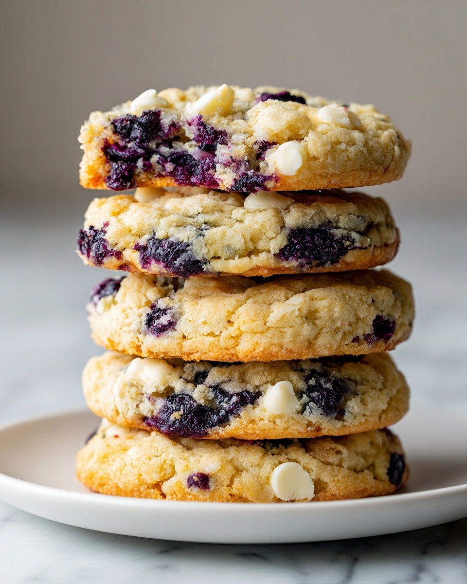 A stack of five round cookies with a golden-brown crust sits on a white plate. Each cookie shows visible dark purple blueberries embedded within a light, crumbly dough that has a slightly cracked texture on top. Small chunks of white chocolate are scattered throughout the cookies, creating a contrast with the soft dough and darker berries. The stack is captured close up, showing the layered cookies from the side and top angles. They rest on a white marbled surface. photo taken with an iphone --ar 4:5 --v 7