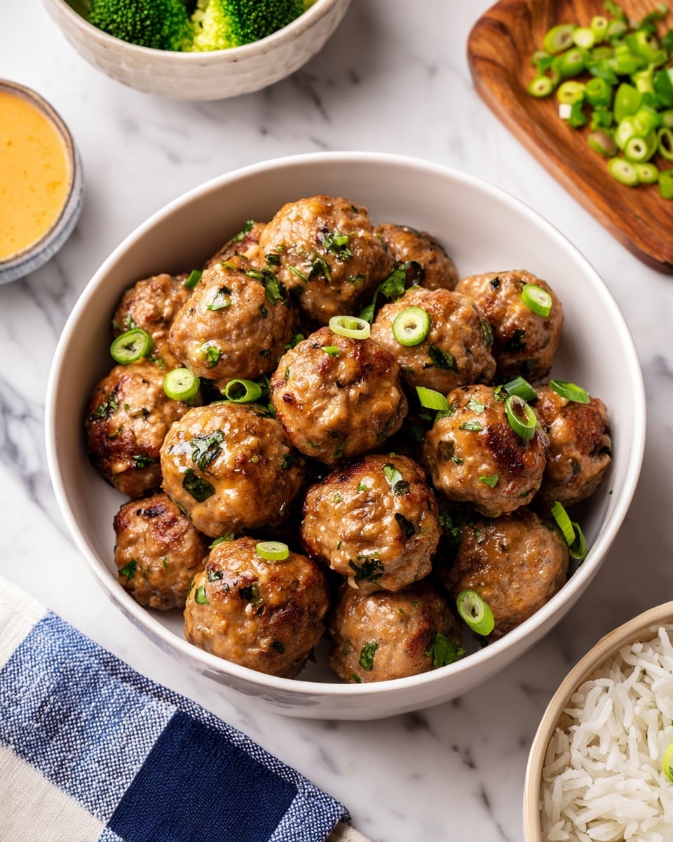 A white bowl filled almost to the top with about twenty brown meatballs, each speckled with small bits of green herbs and onions, some meatballs garnished with slices of green onion. The bowl sits on a white marbled surface with a blue and white checkered napkin to the left and partially visible bowls nearby — one with a creamy orange dipping sauce and another with white rice topped with bright green broccoli. A small wooden board with sliced green onions is at the upper right. Photo taken with an iphone --ar 4:5 --v 7