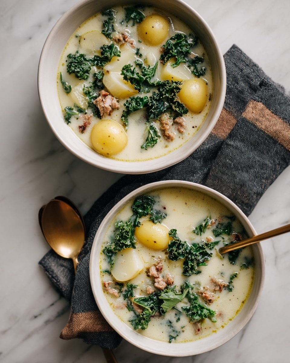 A white bowl filled with creamy soup that has three main layers: at the bottom is a smooth white creamy broth, floating above it are round yellow baby potatoes and small green kale leaves scattered evenly, and mixed in are small pieces of minced meat adding a light brown color and texture throughout. A gold spoon is resting inside the bowl with its handle sticking out on the left side, held by a woman's hand. The bowl is placed on a folded grey cloth on a white marbled surface, with a second white bowl of the same soup blurred softly in the background. photo taken with an iphone --ar 4:5 --v 7
