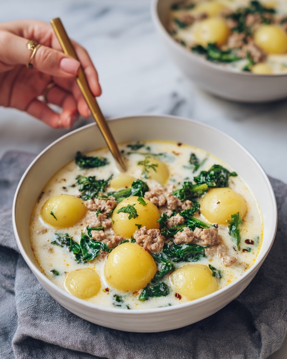 Two white bowls filled with creamy soup sit on a white marbled surface. The soup has small yellow round potatoes floating in a pale creamy broth mixed with pieces of green leafy kale and small bits of light brown meat scattered throughout. Each bowl has a gold spoon resting inside. One bowl is placed slightly above the other on a folded dark gray cloth with a brown stripe. The colors are soft and natural, showing a fresh and hearty meal photo taken with an iphone --ar 4:5 --v 7