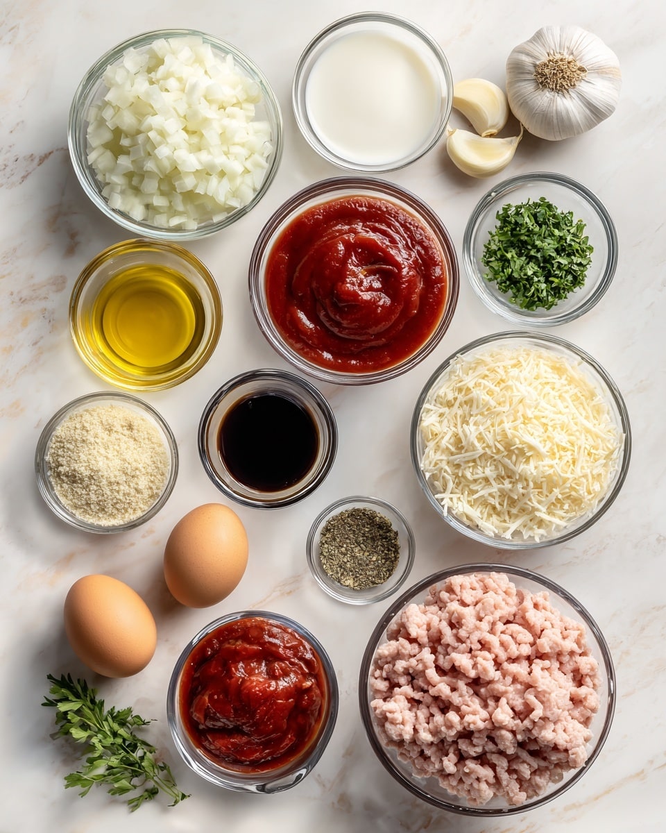The image shows a top-down view of various clear glass bowls arranged on a white marbled surface, each containing different ingredients for cooking. Starting from the top left, there is finely chopped white onion with a soft texture. To its right are whole peeled garlic cloves, smooth and ivory-colored. Next, a bowl holds rich red ketchup with a thick consistency. Below the onion, a small bowl of golden olive oil glistens. Two brown eggs rest in another bowl nearby, smooth and oval-shaped. Dark Worcestershire sauce is in a small bowl next to the ketchup. Below the olive oil is a bowl of light beige panko breadcrumbs with a coarse texture. Fresh chopped parsley, bright green and finely cut, is placed near dried dark green basil and oregano in small bowls. A small bowl of white milk is next to the Worcestershire sauce. Grated pale yellow Parmesan cheese fills a larger bowl. On the bottom right, there is raw ground turkey, pink with a slightly rough texture, in a large bowl. Below the seasonings is a bowl of chunky, deep red marinara sauce. A tiny bowl contains mixed pink and black salt and pepper, completing the setup, all on a white marbled background photo taken with an iphone --ar 4:5 --v 7