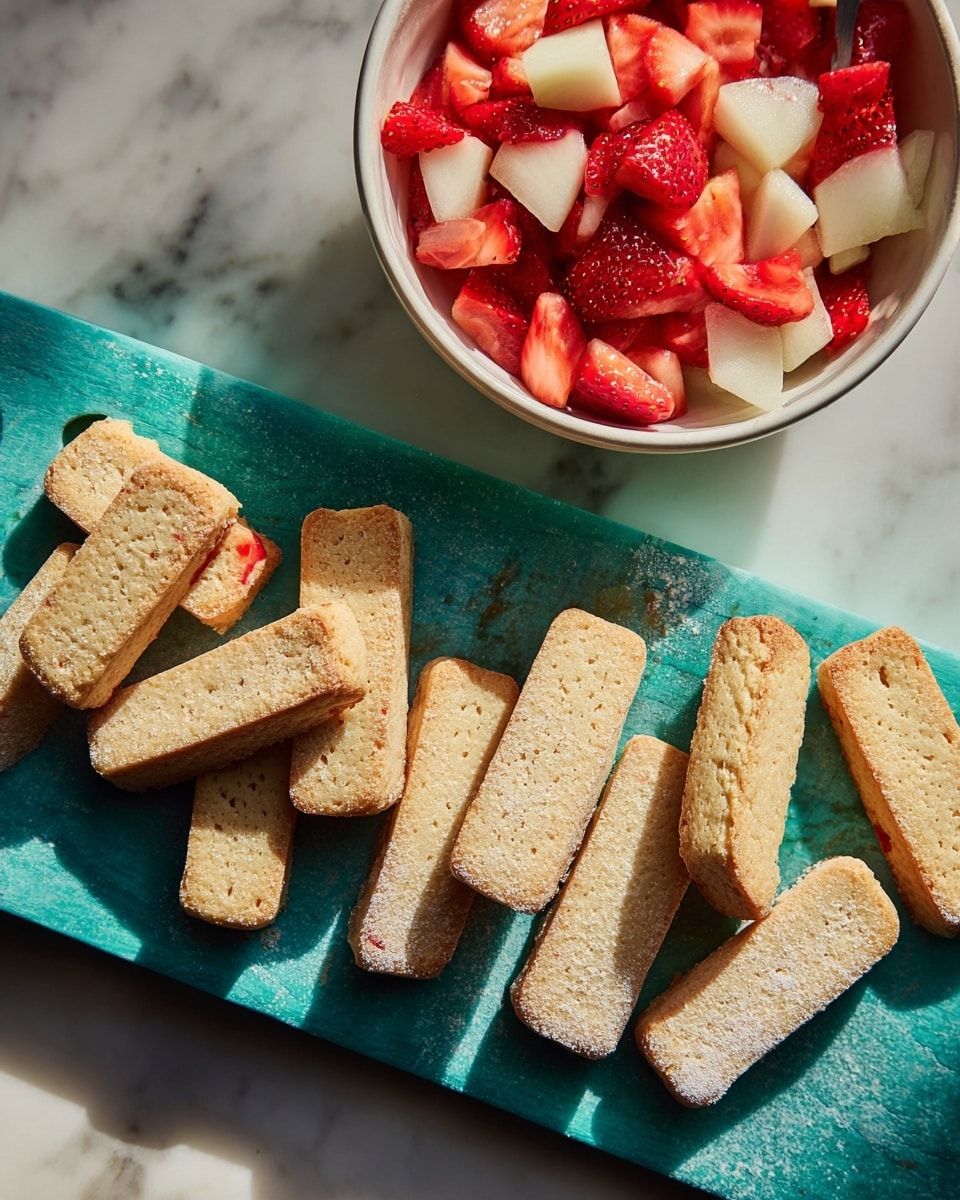 A collection of light tan ladyfinger biscuits with a soft, powdery texture are spread on a teal textured cutting board placed on a white marbled surface. Above them, there is a white bowl filled with a mix of chopped red strawberries and white fruit pieces, casting a soft shadow on the surface. Bright natural light casts both shadows and highlights, giving the scene a fresh and clean look. photo taken with an iphone --ar 4:5 --v 7