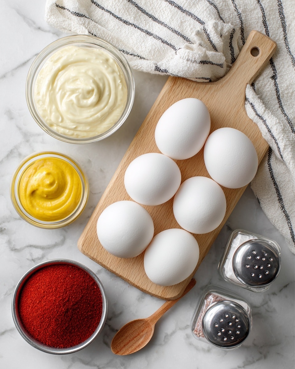 The image shows six white eggs placed neatly on a small wooden board, arranged in two rows of three. To the left, there is a clear glass bowl with thick white mayonnaise, and just below it, a small clear glass cup contains smooth yellow mustard. At the bottom left corner, there is a silver container filled with bright red paprika powder and a small wooden spoon resting inside. On the right side of the image, two small clear glass shakers hold salt and black pepper. At the top, a square glass bottle with vinegar is slightly visible. All items are set on a white marbled surface with a striped white and gray cloth partially showing at the top edge. The overall look is clean and organized, with distinct colors and textures from the eggs, spices, and condiments. photo taken with an iphone --ar 4:5 --v 7