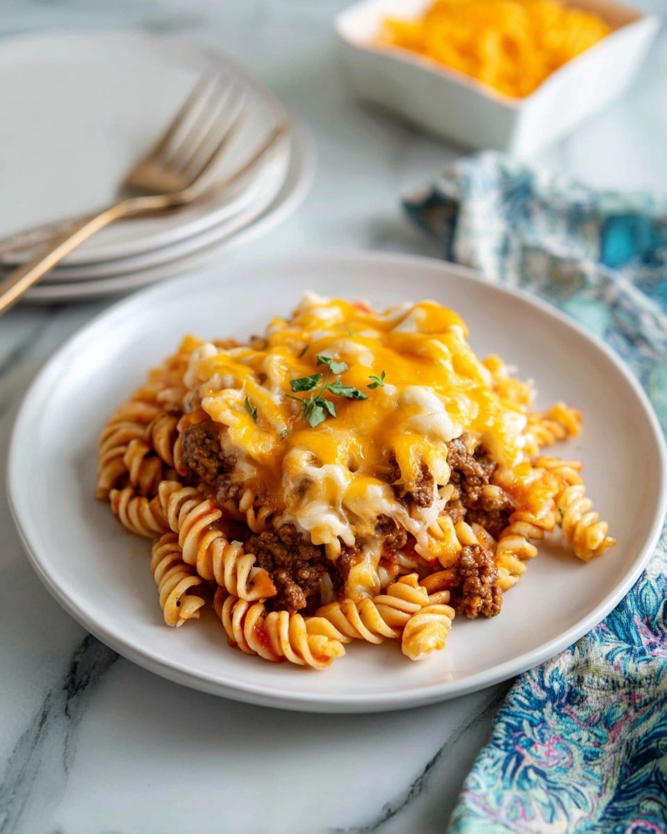 A round white plate holds a layered pasta dish made with rotini pasta mixed with ground beef and melted cheddar cheese. The dish shows at least three visible layers: the bottom layer is pasta with a red sauce, the middle layer has white creamy cheese, and the top layer has browned ground beef with melted orange cheddar cheese and a few green herb leaves scattered around. The pasta looks soft and slightly saucy with bits of browned beef and cheese melting through the layers. The plate rests on a white marbled surface, with two forks and a white square dish with more grated cheese in the background, as well as a blue and white cloth to the right. Photo taken with an iphone --ar 4:5 --v 7