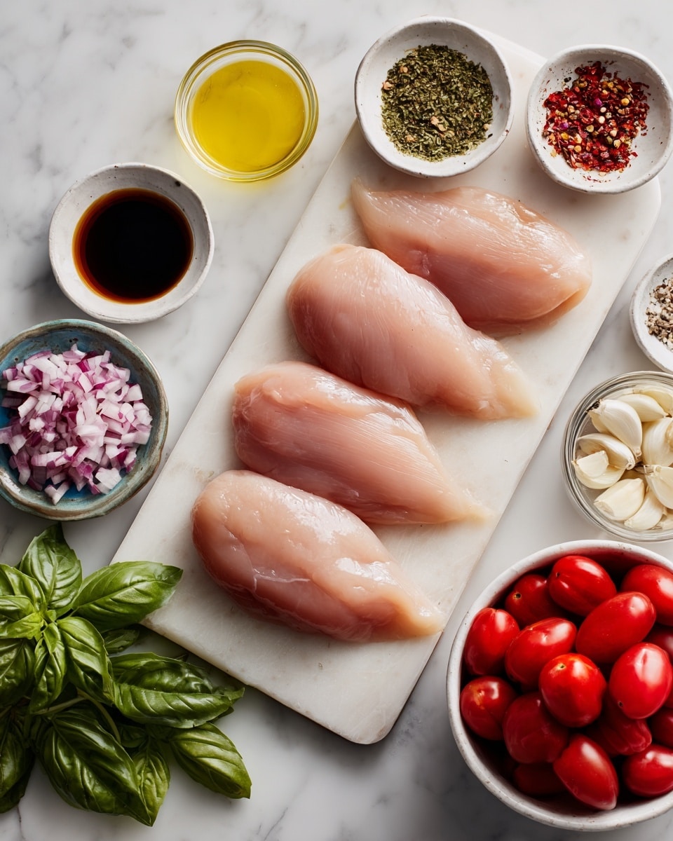 The image shows four raw chicken cutlets on a white cutting board placed on a white marbled surface. Around them are small white glass bowls with different ingredients: pale yellow lemon juice, golden olive oil, a greenish mix of Italian seasoning, dark brown balsamic vinegar, and dark red pepper flakes. There is a white bowl filled with bright red plum tomatoes at the bottom right. Near the bottom left, there's a bunch of fresh green basil leaves next to a small bowl with minced red onion, and another bowl with peeled white garlic cloves. A small bowl of mixed pink salt and black pepper is also visible. All ingredients are neatly arranged and clearly separated. Photo taken with an iphone --ar 4:5 --v 7